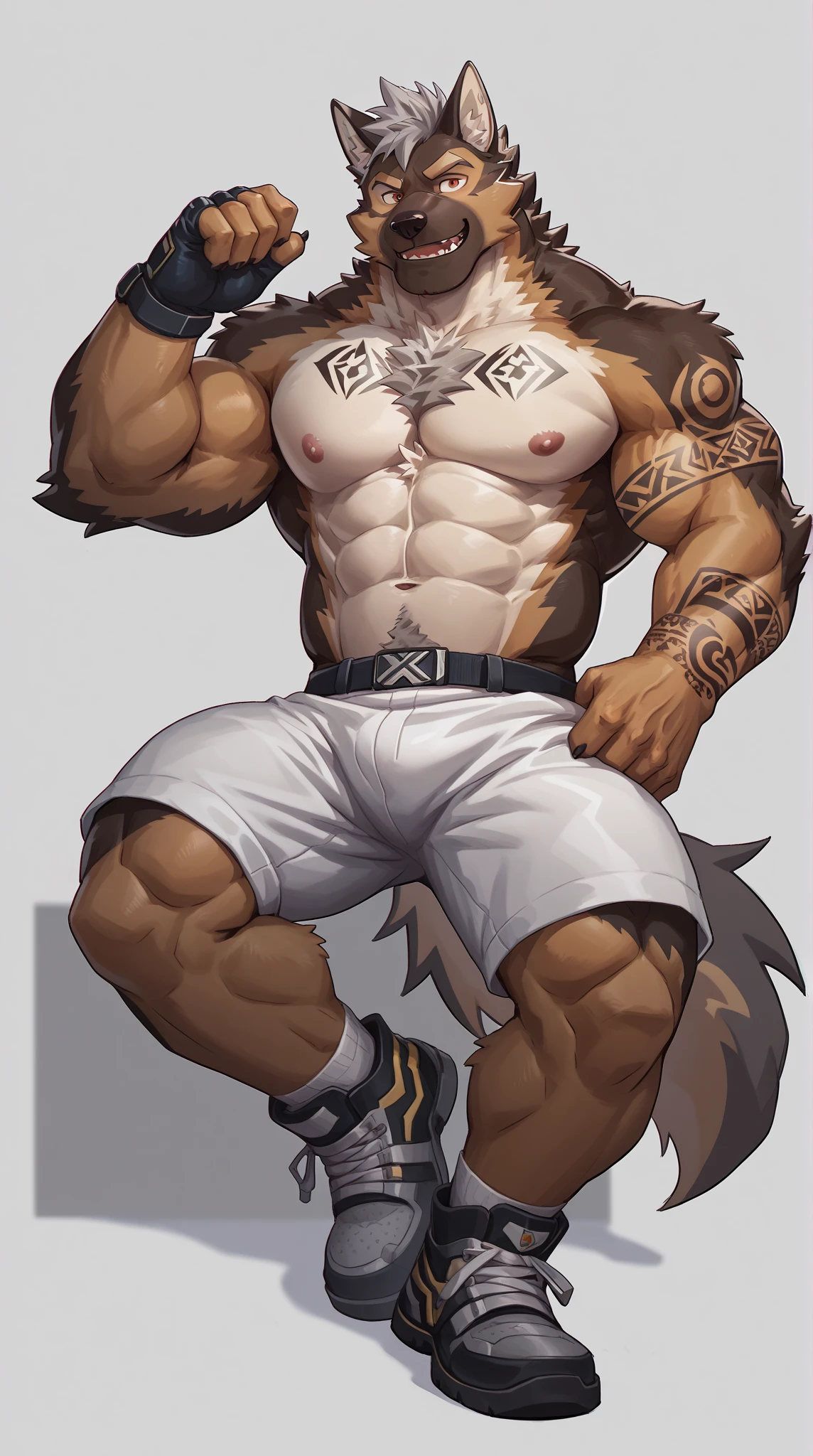 , score_9, score_8_up, score_7_up, an Anthro furry brown wolf male, brown eyes, black nose, brown hair, hair in a top knot, tall and slender, brown wolf ears and tail, shirtless, wearing ufc shorts, ufc gloves, wearing a golden shiny ufc champion belt, in a ufc ring, flexing, grinning