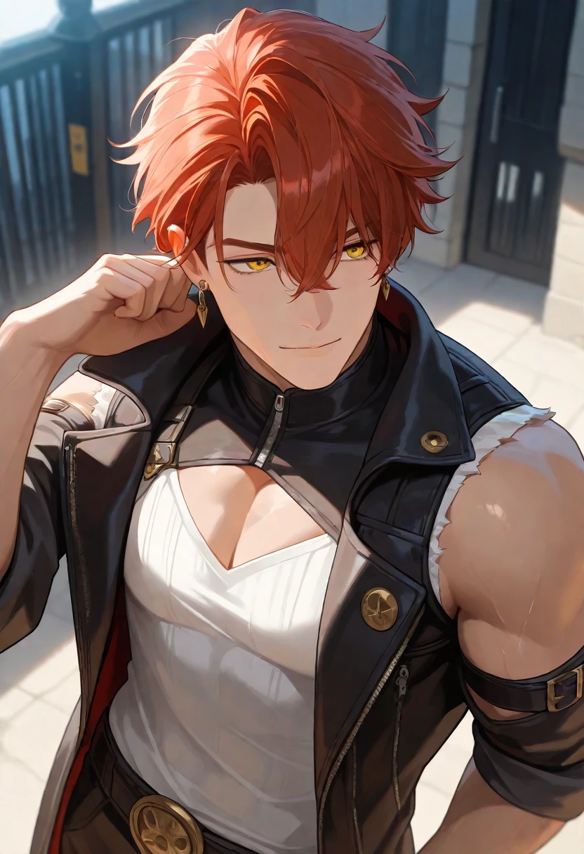 Young guy, short orange hair, cat ears, blue eyes, open torso, Battle mantle, Smile, Masterpiece, hiquality