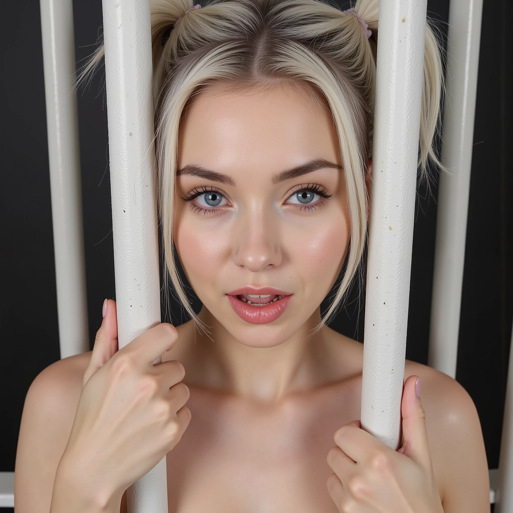 блондинка в full рост, European appearance.
eyes: bright, Big ones, blue, playful and flirtatious look .
eyelashes : Big ones, trimmed,  combed   , Dark, Smooth nose: Cautious, direct, polished tip.
lips: full, Big ones, naturally pink, to look seductive and defiant, Opens her mouth.
cheekbones : Well-defined, but not tough,   feminine.
   hair :     silver-white     , with two pigtails , lies gently on the sides, two thin strands in front, , , the parting in the middle emphasizes : Big ones с тонкой металлической оправой, eyebrows emphasize facial features, eyes и придают интеллектуальный вид

Девушка в full рост, sucks finger, behind bars , spread her legs and arched her back, stick my ass back, the image of a prisoner ,nipples stick out, big firm chest, shows naked hips and wet transparent panties, that stick to her.