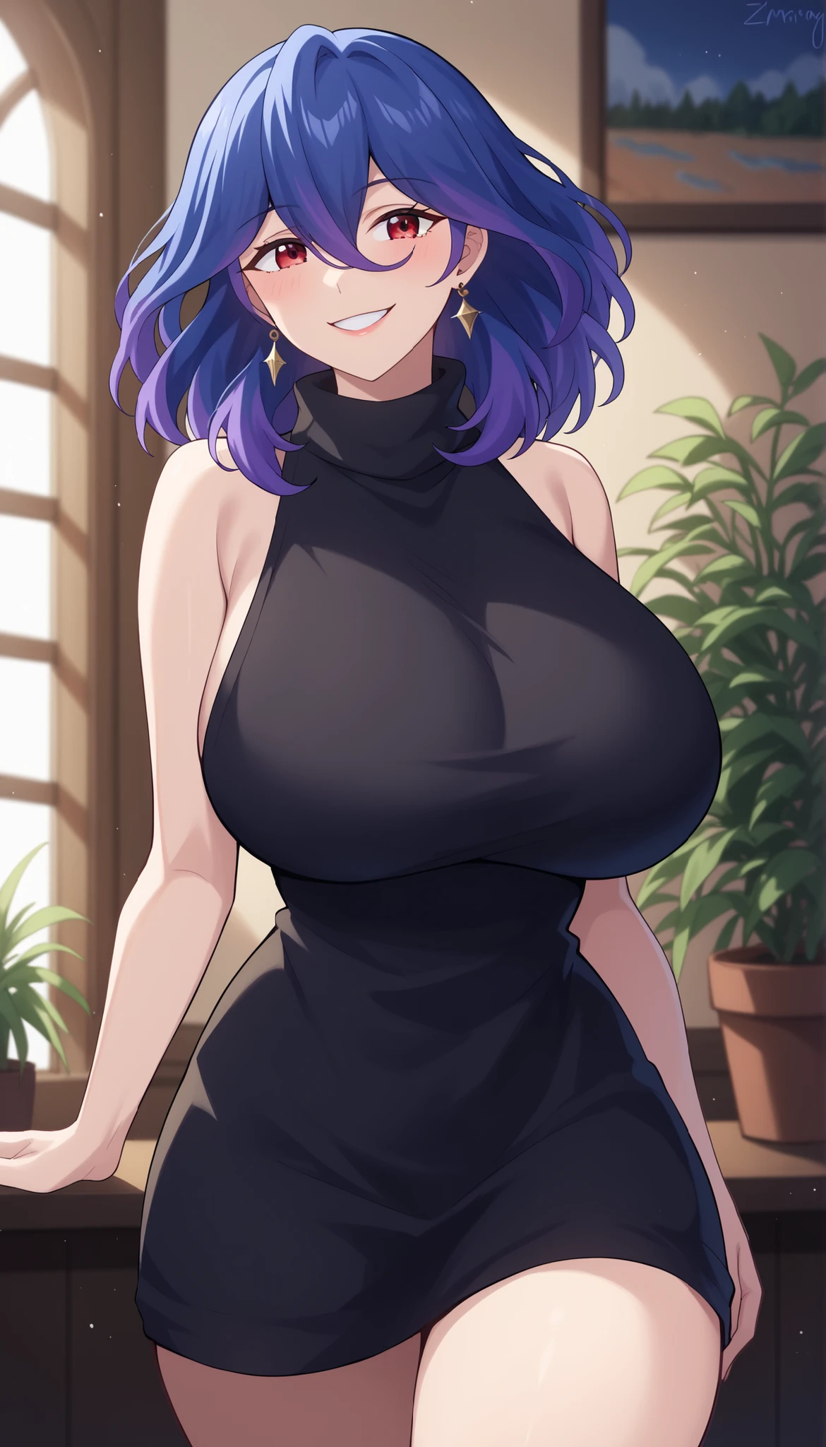 score_9, score_8_up, score_7_up, score_6_up, score_5_up, score_4_up
vermeil, vermeil, red eyes, hair between eyes, blue hair, purple hair, multicolored hair, medium hair,
sweater, bare shoulders, sleeveless, turtleneck, black sweater, thighs,
indoors, bent , smile,
looking at viewer, 1girl solo, ,,,,,,, earrings big breasts huge breasts , locking at viewer , zheng style ,,,,,  

ponyxl_fap_artstyle_zheng_ownwaifu

<lora:PONYXL_FAP_ARTSTYLE_Zheng_ownwaifu:0.75>, 

<lora:ZhengILLUS:0.8>
