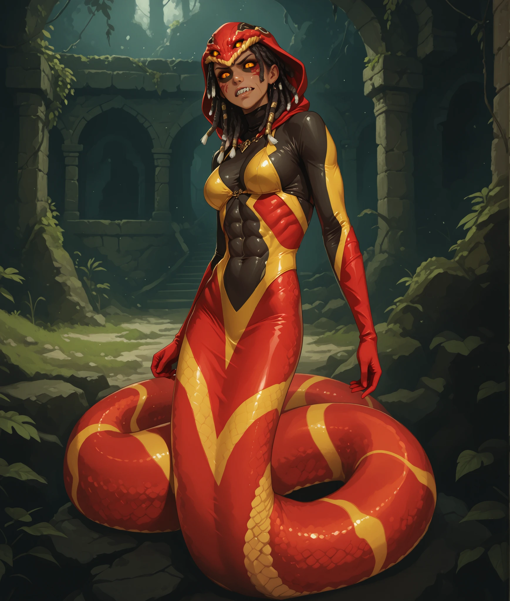 serious facial expression. humanoide Schlange. Beautiful anthro-snake girl. Slender red and yellow striped naga body. gelb/schwarz/Orange/red snakeskin. Sweet 18-year-old Mongolian naga/Lamia-girl with red slanted eyes and cobra-hood and unnaturally sharp teeth and schwarz dreadlocks with white highlights. She has snake eyes. sharp and pointed teeth. She has a cute and beautiful yellow latex face with sclera. She has a round and young face with a pointed chin. Her body is athletic with abs. Her skin is like shiny snakeskin. A-cup . Hintergrund: medieval jungle ruins. realistic lighting. DnD art-style. Fake-Boxkunst, semi-realistisch, looking at the viewer.