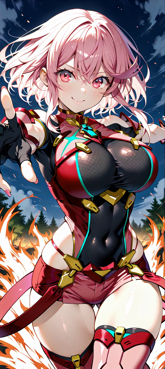 colorful, 1girl, mature, v-shapes eyebrows, grin, gray hair, red eyes, oni horns, huge breast, clenched fist, fire flames, glow, glowing weapon, fire particles, wallpaper, chromatic aberration,