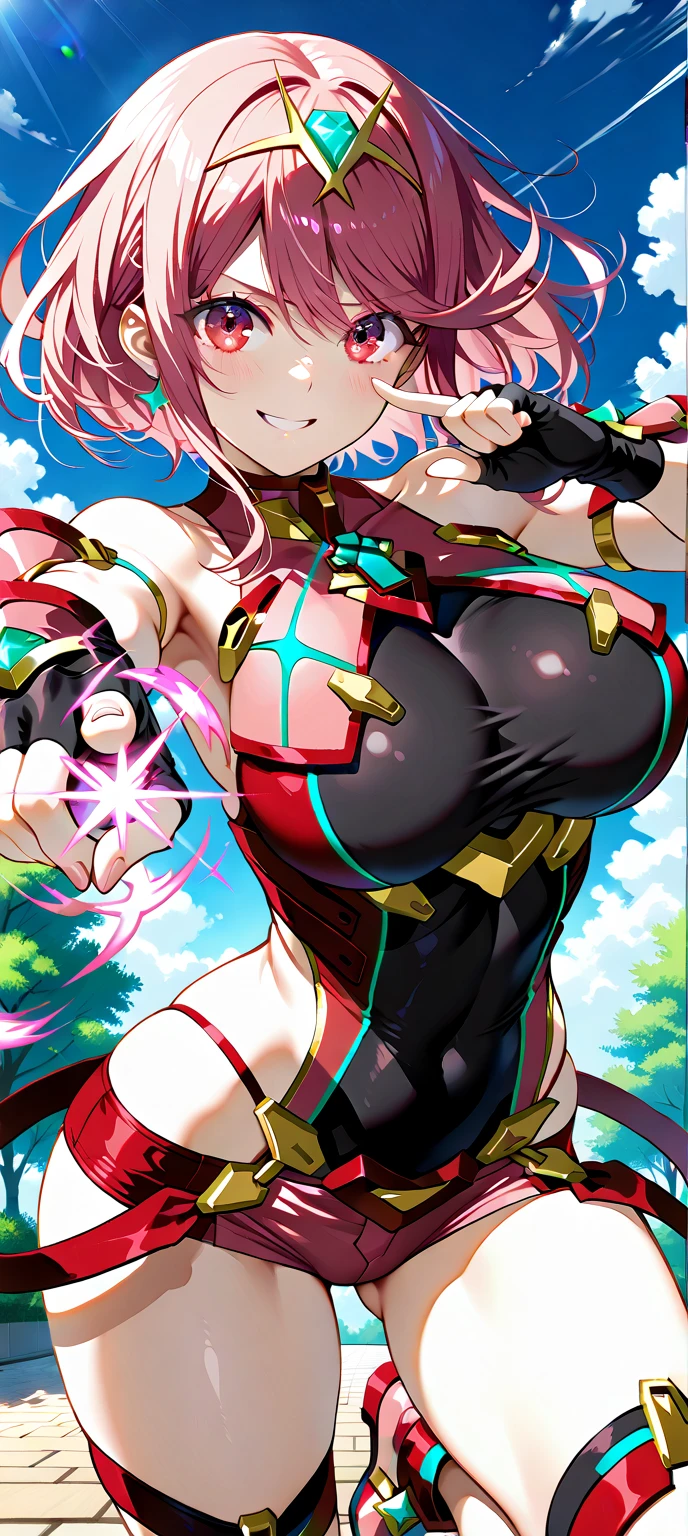 ,1girl,(teen:1.5), (short_ponytail:1.3), (light_whitish_purple_hair:1.3),black_mechanical_armor_parts,white_breasts_parts_red_black_body_suit,bare_shoulder,bare_slender_thighs,medium_breasts,city_background,Stinging_eyes,sleepy,thighhigh_greaves,gauntlets,dynamic_posing,bare_frank,metal_red_parts_armor,red_eye,solo,
fists,hold_weapon,glare,navel,large_mechanical_parts,happy,waist_armor,open_mouth,rise_legs,apart_legs, (covered_navel:1.3),(very_long_bangs:1.3), (hair_over_one_eye:1.5),(long_bang_covers_right_half_of_face:1.5),
(covered_pussy:1.1),covered_breasts,fighting,