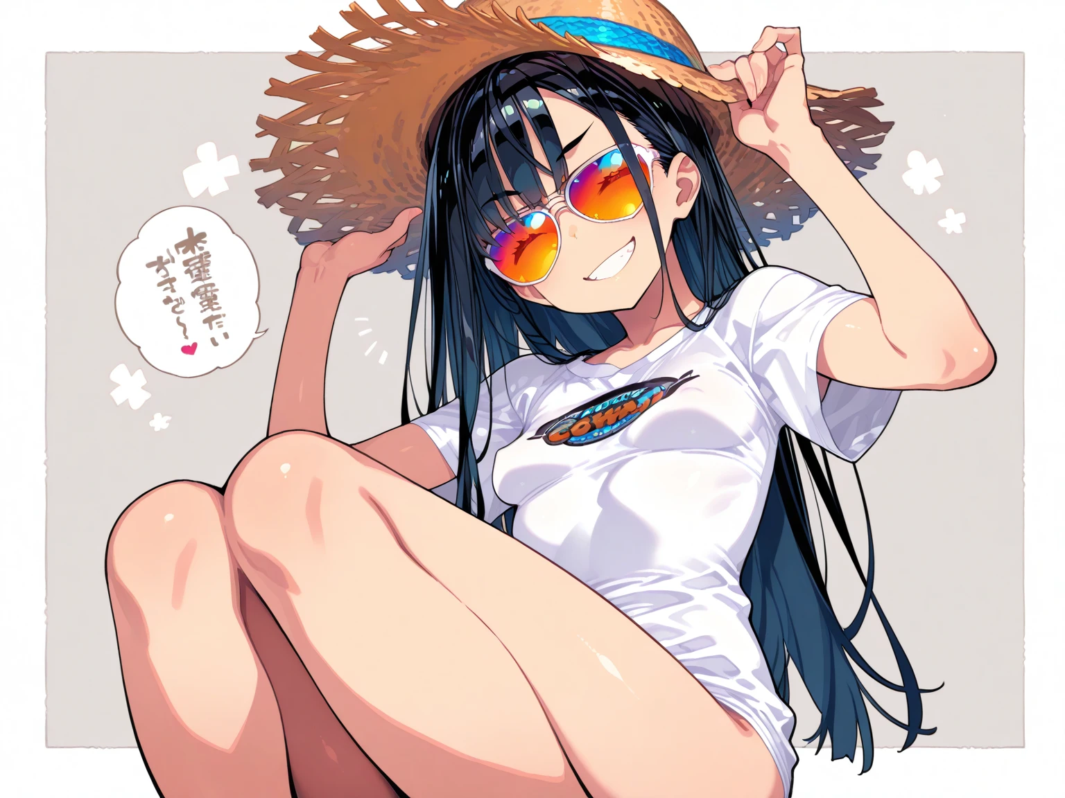 Himejima Akeno、Long Hair、(draw the eyes:1.2)、one person
、blush、smile
、(You can see her chest)
、(Butt Exposed)
、Soaking wet
、Sit down
、(Shorts)、(T-Shirts)
、(highest quality)
、(Fine skin:1.3)