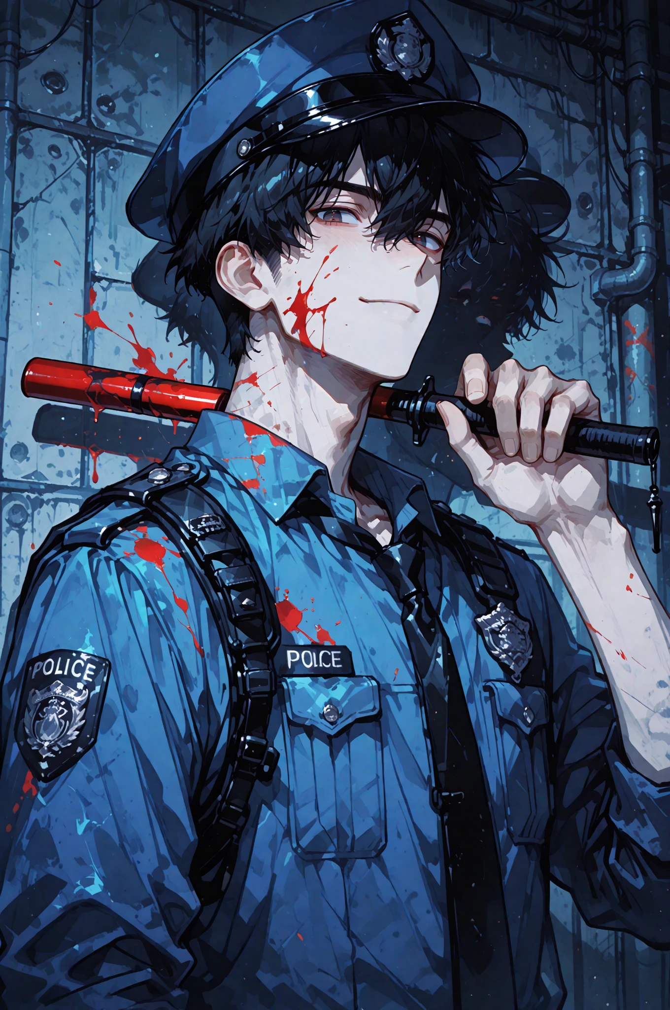 The_Man_Behind_The_Slaughter, Purple Outfit, police officer, hat, british, close up, upper body, burning smile, purple flames, bloody eyes, extreme emotion, dark lighting, caustics, masterpiece, absurdres, highly detailed, 