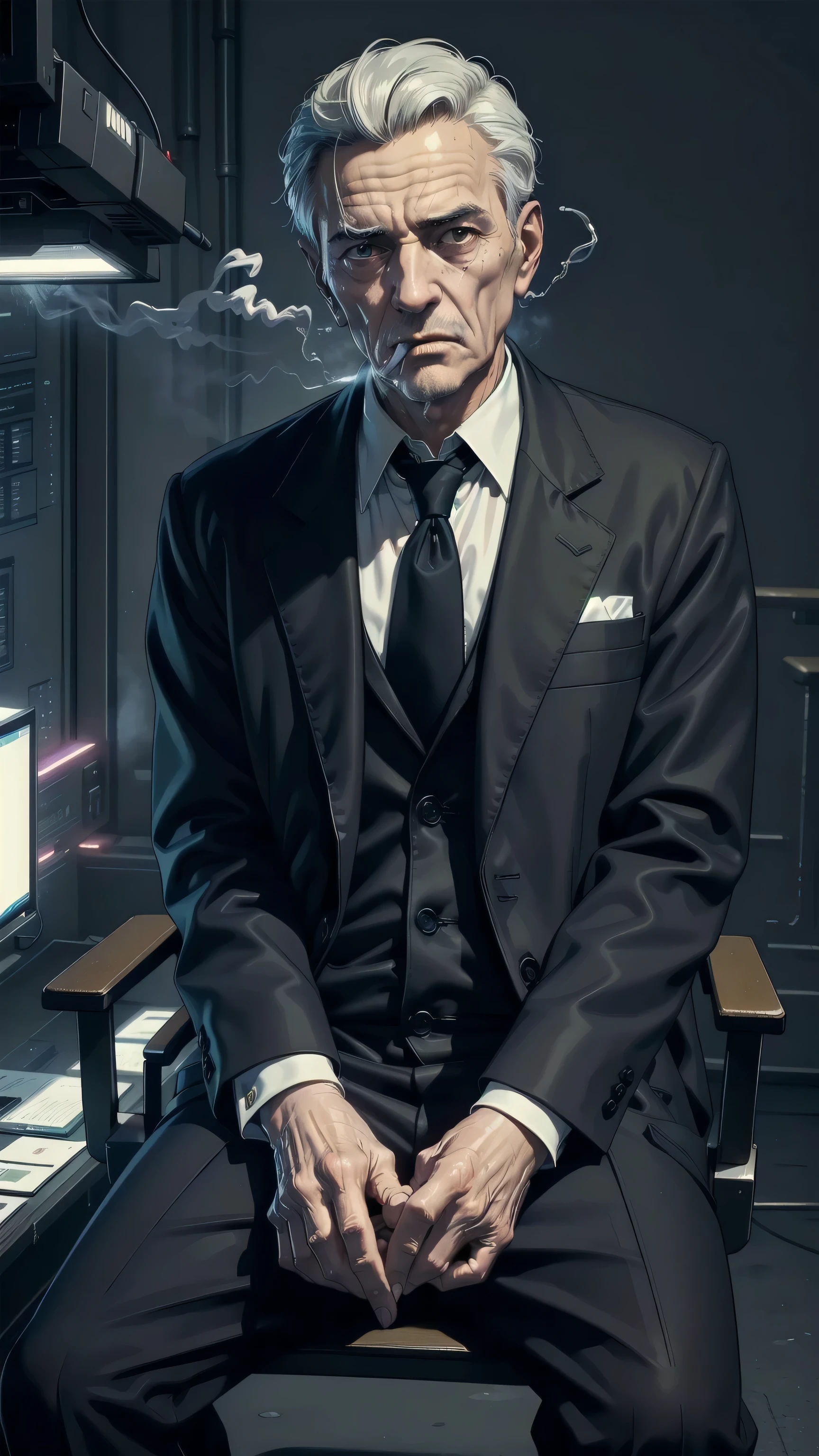 ((top quality, ultra-detailed, high resolution, extremely detailed CG, unity 8k wallpaper, by famous artist, perfect anatomy, super detailed skin, cinematic lighting, UHD, retina, anatomically correct, 1080P)), ((old man:1.7)), ((Sitting in a conference chair:1.5)), ((Conference room of a cyberpunk megacorporation:1.5)), ((elegant black suit:1.5)), ((smoking cigarette in his mouth)), ((full body:1.5)), ((solo:1.5)), The Smoking Man from The X-Files is an old man with a long, angular face and distinctly American features: a straight jawline, prominent nose, and well-defined cheekbones that give him a severe appearance. His fair skin, weathered with age, reflects both wear and experience. He wears his hair neatly combed to the side, short and tidy—dark in his earlier years and later fully gray, with pronounced receding lines that emphasize his advanced age. His build is thin, his posture upright, and his presence austere, almost always dressed in impeccably dark suits that reinforce his image as a powerful but shadowy figure. His small, dark eyes are cold and calculating, rarely betraying emotion. He is almost always seen with a lit Morley cigarette between his fingers or in his mouth, the smoke curling around him like a constant symbol of manipulation, secrecy, and silent menace, ((one single guy:1.5)), ((one single person in the image:1.5)), ((large conference room)), ((He wears a dark, classic-cut suit with a white shirt and a plain tie, emphasizing his austere and enigmatic presence))