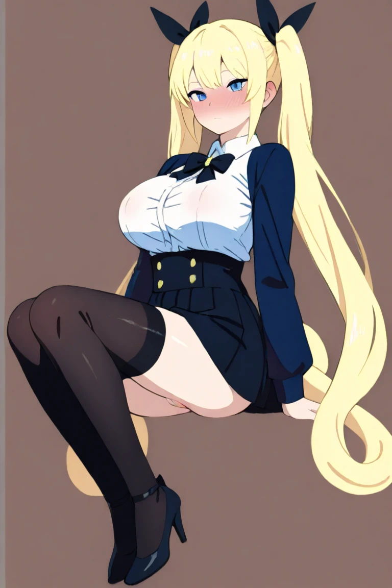 (best quality, masterpiece, highres),1girl,solo, sandy blonde hair,hair,twintails,,black pantyhose,pout,sitting,blush,simple background,looking to the side, green eyes, blush, juicy lips, glossy skin, glittery eyes, doll eyes, black footwear, black pantyhose, brown dress, brown headwear, long sleeves, big , smiling, fat juicy tits, fat juicy ass