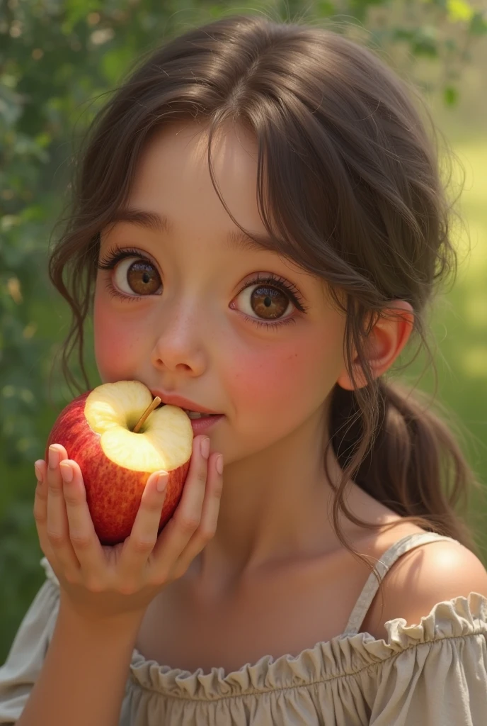 There's a little girl holding a green apple in her hands, holding an apple, one holds apple in hand, Shutterstock, with apple, foto de retrato em close-up, Garotinha, elma, childrens, Foto de Stock, retrato closeup, garota, Imagem de Stock, iStock, cortar, picking apples from a tree, garotada, foto de retrato, a apple, menina jovem bonito