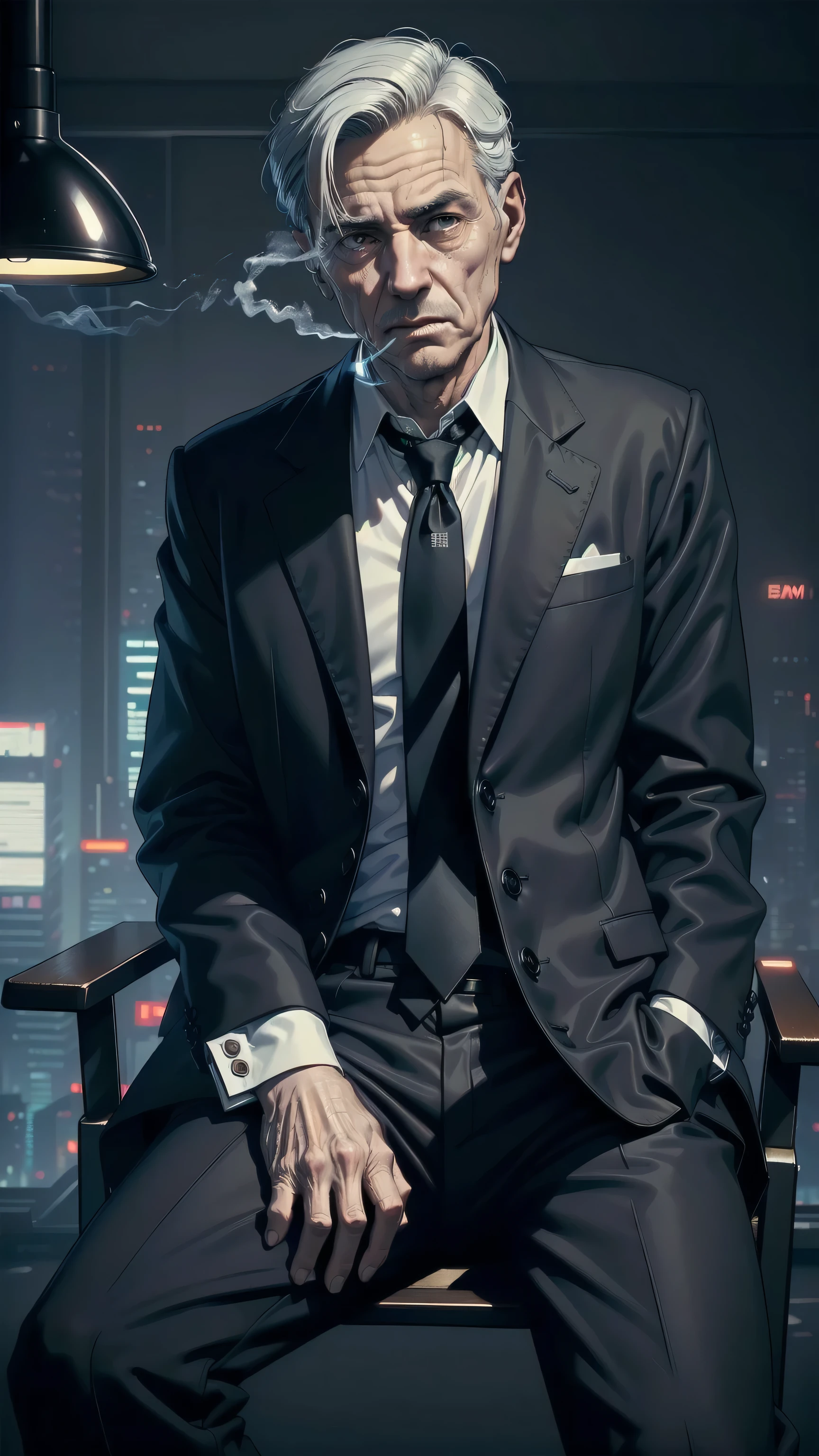 ((top quality, ultra-detailed, high resolution, extremely detailed CG, unity 8k wallpaper, by famous artist, perfect anatomy, super detailed skin, cinematic lighting, UHD, retina, anatomically correct, 1080P)), ((old man:1.7)), ((Sitting in a conference chair:1.5)), ((Conference room of a cyberpunk megacorporation:1.5)), ((elegant black suit:1.5)), ((smoking cigarette in his mouth)), ((full body:1.5)), ((solo:1.5)), The Smoking Man from The X-Files is an old man with a long, angular face and distinctly American features: a straight jawline, prominent nose, and well-defined cheekbones that give him a severe appearance. His fair skin, weathered with age, reflects both wear and experience. He wears his hair neatly combed to the side, short and tidy—dark in his earlier years and later fully gray, with pronounced receding lines that emphasize his advanced age. His build is thin, his posture upright, and his presence austere, almost always dressed in impeccably dark suits that reinforce his image as a powerful but shadowy figure. His small, dark eyes are cold and calculating, rarely betraying emotion. He is almost always seen with a lit Morley cigarette between his fingers or in his mouth, the smoke curling around him like a constant symbol of manipulation, secrecy, and silent menace, ((one single guy:1.5)), ((one single person in the image:1.5)), ((large conference room)), ((He wears a dark, classic-cut suit with a white shirt and a plain tie, emphasizing his austere and enigmatic presence))