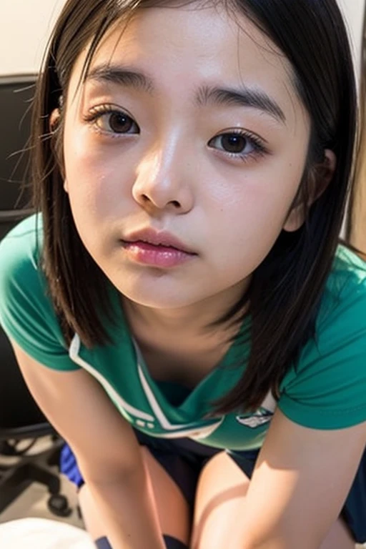 (masterpiece:1.2), (highest quality:1.2), (Very detailed:1.2), (Very detailed face), (Realistic:1.2), (Very detailed), 8k,Slim and body, Moderate, , Short Bob, ([black] hair), (Unbuttoned white high school uniform:1.2), Blue Skirt, Silver Necklace, Represents a medium, Represents a medium, Cleavage, Kneel on the floor, Happy expression, (In the classroom:1.2), look up, (View from above:1.2), Semen On , ????? Facial, how, throw, Japan 13 year old girl