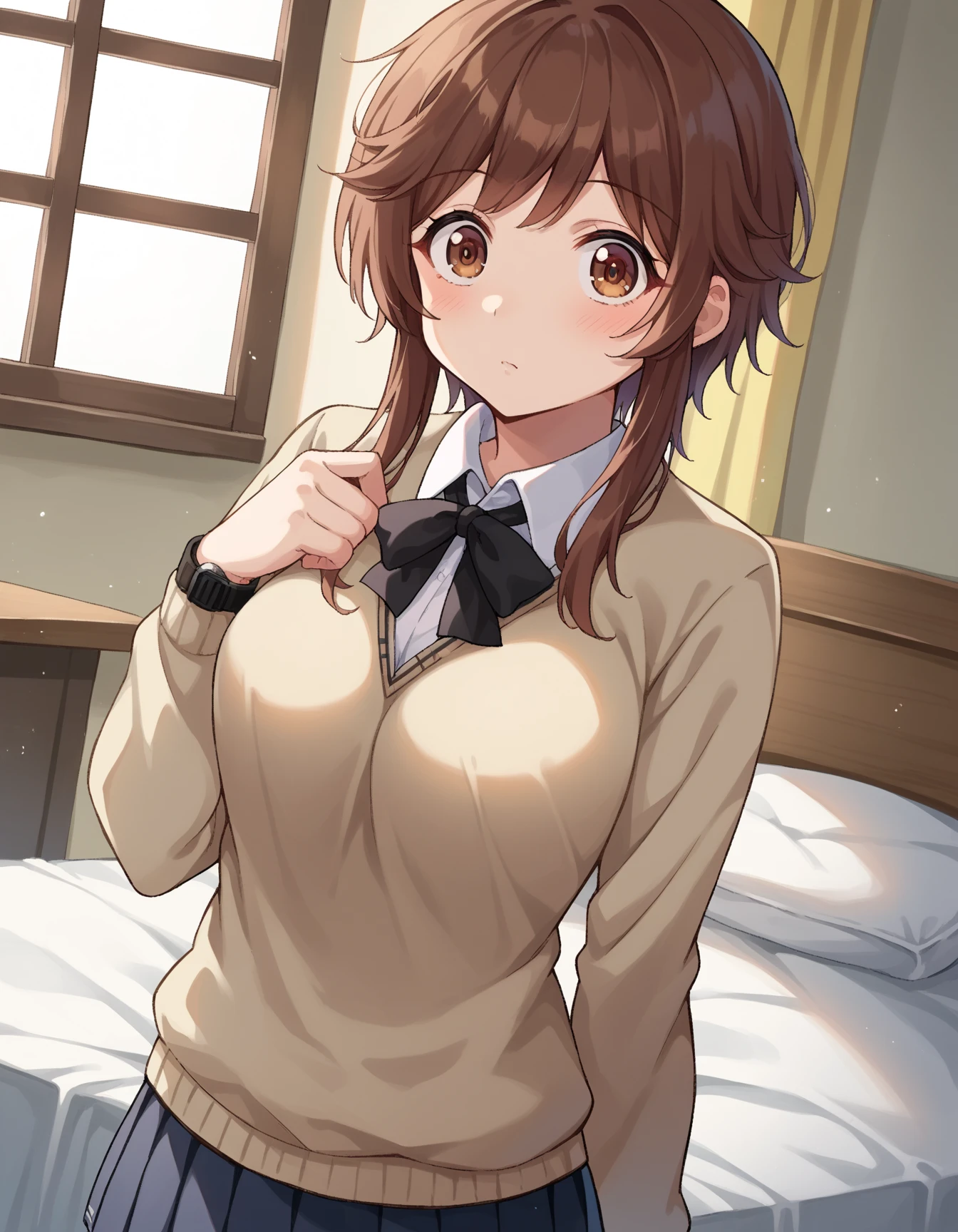 best quality, (masterpiece: 1.2), highly detailed, indoors, 
1girl, solo, ogiwara sayu,
looking at the viewer, medium breasts, smile, mouth closed, hand on his own chest, unbuttoning blouse, blush, sitting on his knees on the bed,
brown eyes, brown hair, long hair, white shirt, plaid skirt, collarbone, neckline, bow tie