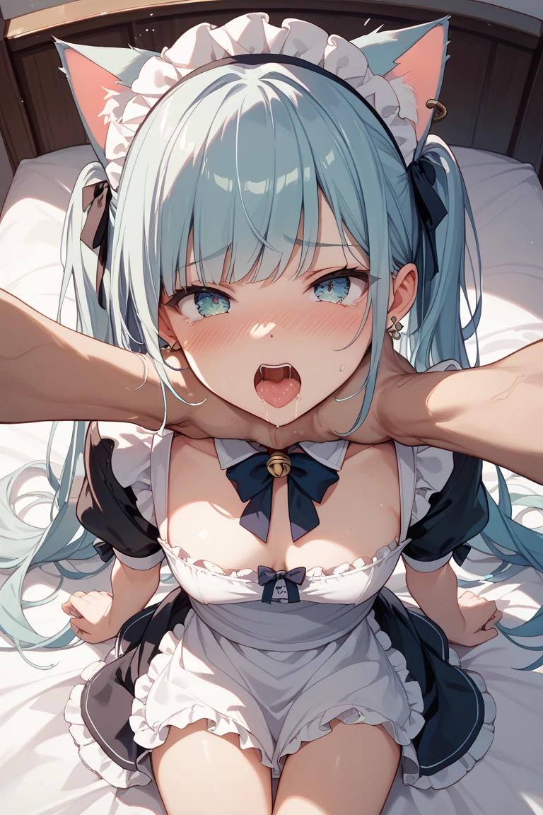 [She looks so greedy!], NSFW, NSFW, NSFW pov couple ("greedy in submission" NSFW poster:1.1), ( NSFW a nice green hair nurse in a 2 set white wedding lingerie cosplay is scolding the viewer, she is holding the visible sex of the viewer, [2 perfect NSFW Black Short Hair with wick pink hair bangs hands only holding very firmly the bluching very tiny sex of the viewer out of hit pants FPV:1.1],((thick chains stretched and seen from girl back:1.1)(holded by the maid : FPV:1.2))(NSFW pov couple only:1.2), a young man having intense greedy fellatio(intense greedy fellatio:1.9) from a woman, sweat,a lot drooling on man's sex, men having greedy fellatio from below image ((tip of man's sex invisible, deep inside woman's mouth)), intense Desire for greedy fellatio ((sex or parts visible)) intense Intimate fellatio action, suggestive front image ,woman fellatio NSFW image in a dark bedroom, NSFW action shot, NSFW woman sense of visible extasy (submissive closeup soft smile:1.5) , happy-looking eyes semi-closed looking at viewer, mouth against man's sex,nice detailed mouth totally obstructed and partially opened, crying, suffocating,"suffering a lot in the dark" theme, exhausted look of woman,leash, (at night:1.7), (fisheyes lens:0.9)