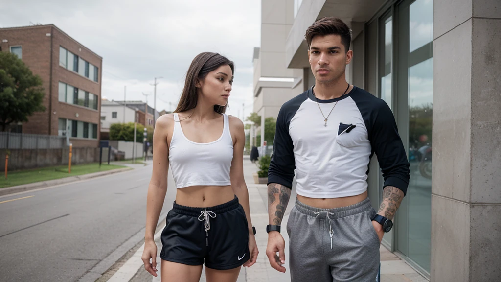 two person (back to back:1.2), arms crossed, one [handsome happy hairy:0.2] man and a woman (medium body shot:1.2) of 28 years old Irish on a white background wearing colorful (tank top:1.1) stringer (shirt:1.15) with (extreme low-cut dropped side holes:1.4), face, head, hands down, woman big cleavage side boobs, man with side pecs, shorts, pants<lora:Stringer_v5-000029:0.8@0,0.8@0.35,0.2@0.35>,  natural lighting, 4k uhd, dslr, soft lighting, high quality, Fujifilm XT3