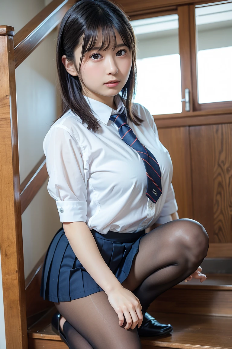 alone、high school girl、Natural body shape、White skin、Natural Makeup、Black Hair、bangs、Straight Long Hair、((High School Uniform))(((Navy Blue Cardigan、White collar blouse、red school ribbon、Checkered pleated skirt、mini skirt)))、((Big Breasts))、、School classroom、(Looking at the camera facing the front)、Full body photo、Exposing thighs、Dark blue socks、White school shoes、Flip up the skirt、Pure white panties、Focus on the groin、Sit with your legs apart