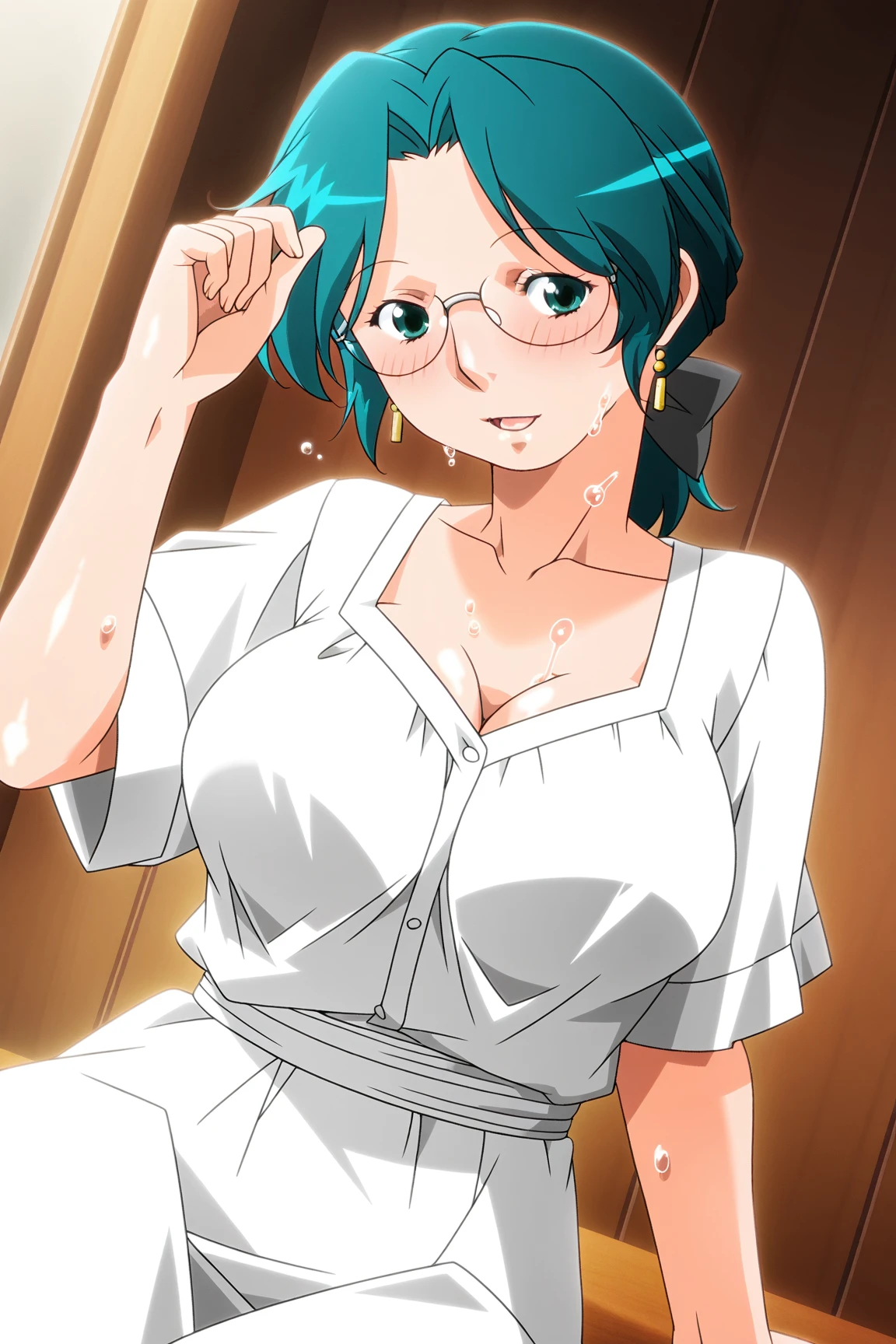 (Masterpiece), Best Quality, ultra-detailed, 1girl ( anosillus II, Slender and sexy body, Big and pretty breasts, naked body, dark green hair, brown eyes,  half-closed eyes, spectacles), a come-hither face, parted lips, solo, nose blush, blush, facing viewer, looking at viewer,  bathrobe(open),  undress, nipples, in the  bedroom, night time, standing, Sexy waist teasing, a provocative pose,  undressing 
