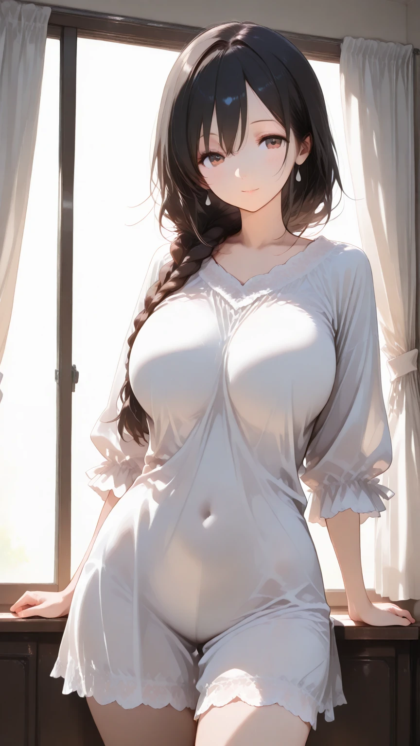 realisticlying、Face Real、Real 18 year old girl with braided hair、Close up of tight fit long dress in beige thin fabric looking up from directly below、A sexy、thicken the thighs a little、、Sexy Posing、Smile、girls bedroom