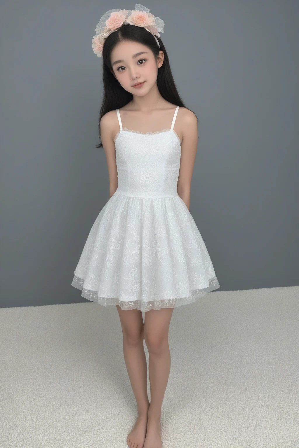 a full body shot of a cute indonesia girl. 6 years old. white background. wearing birthday hat and cute dress