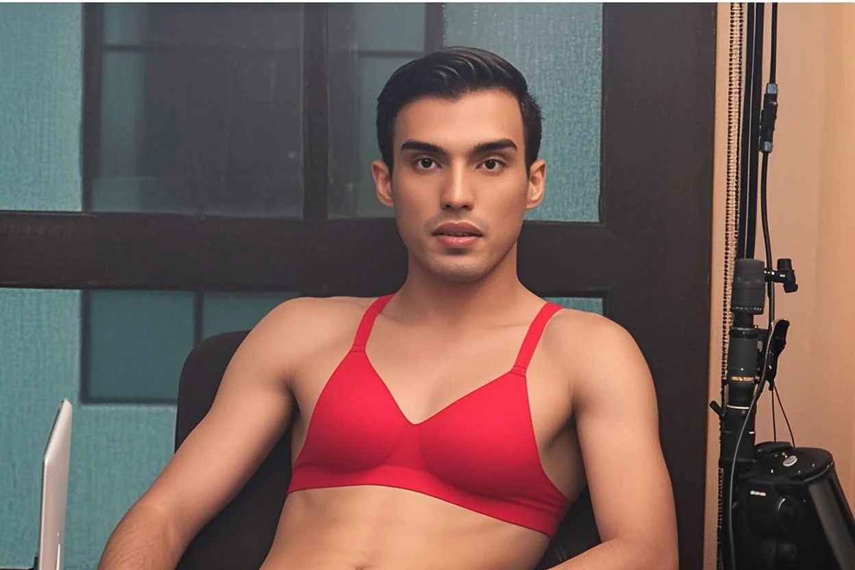 Base model of a handsome indian man wearing a thin speedo underwear, homoerotic, masterpiece, crotch bulge, handsome face, posing for photo shoot, ultra HD, 16k resolution, handsome face, beautiful eyes, messy hair, sitting on a sofa