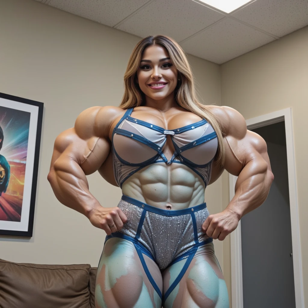 (beautiful girl:1.25), (megan fox:1.25), (large fake breasts:1.25), (young naked bodybuilder girl:1.25), (huge muscular arms:1.25), seductive face, mouth wide open carnage style, long red hair, perfect muscular body, super skinny legs, sissy, femboy, (full body view:1.25),