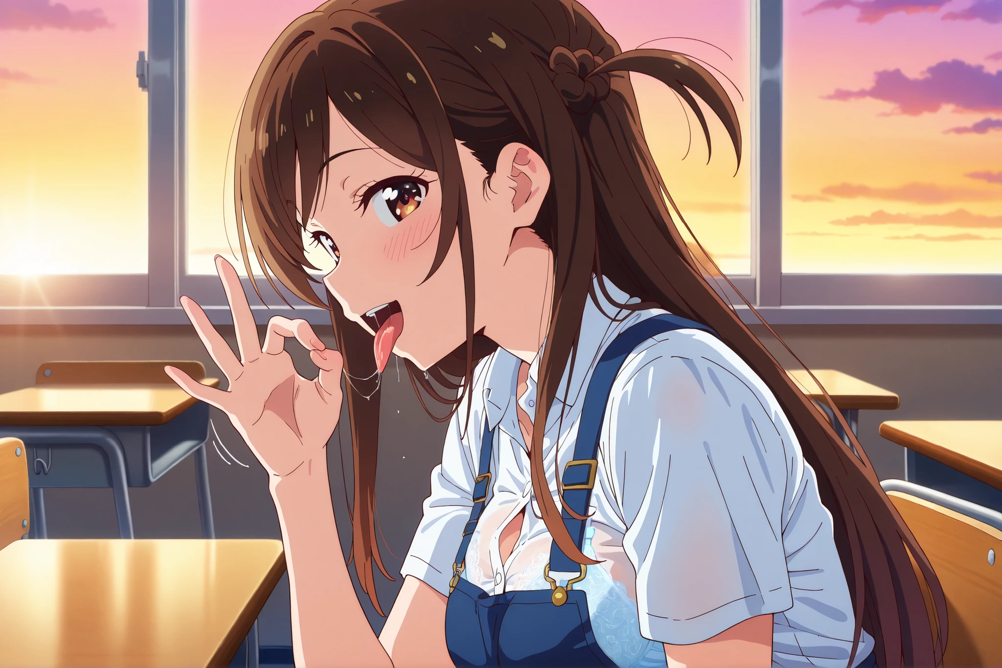 chizuru ichinose, long hair, bangs, brown hair, brown eyes, one side up,
1 girl, teenage girl,{{fellatio gesture }},shake motion,school uniform,button gap,lace bra visible through clothes,,slender,medium breasts,smile,open mouth,stick tongue out,sexually flirtatious glance,looking at viewer,saliva trail, {from side},portrait,sitting chair,class room,window,sky,perfect anatomy,nsfw,masterpiece,best quality,official style, depth of field, highly detailed, ultra-detailed,super illustration,very aesthetic, intricate, overall detail,Amazing,