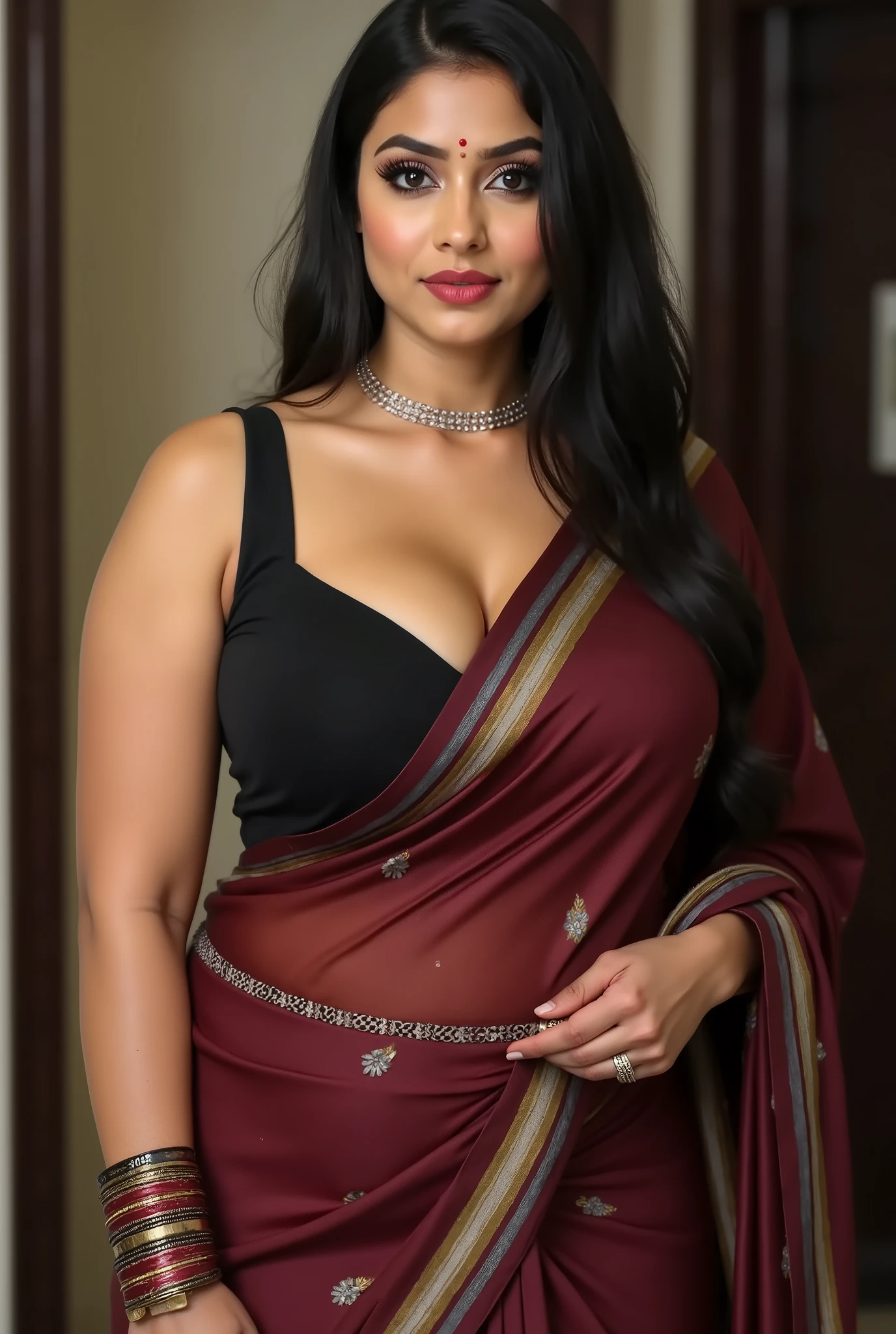 Hot indian tamil housewife, standing, low rise sexy saree below navel, tight round neck backless sleeveless sexy blouse, cleavage, navel, big , busty, waist chain under saree, pressed together tightly, exposed navel, slim waist, wide hips , midriff, no pallu,