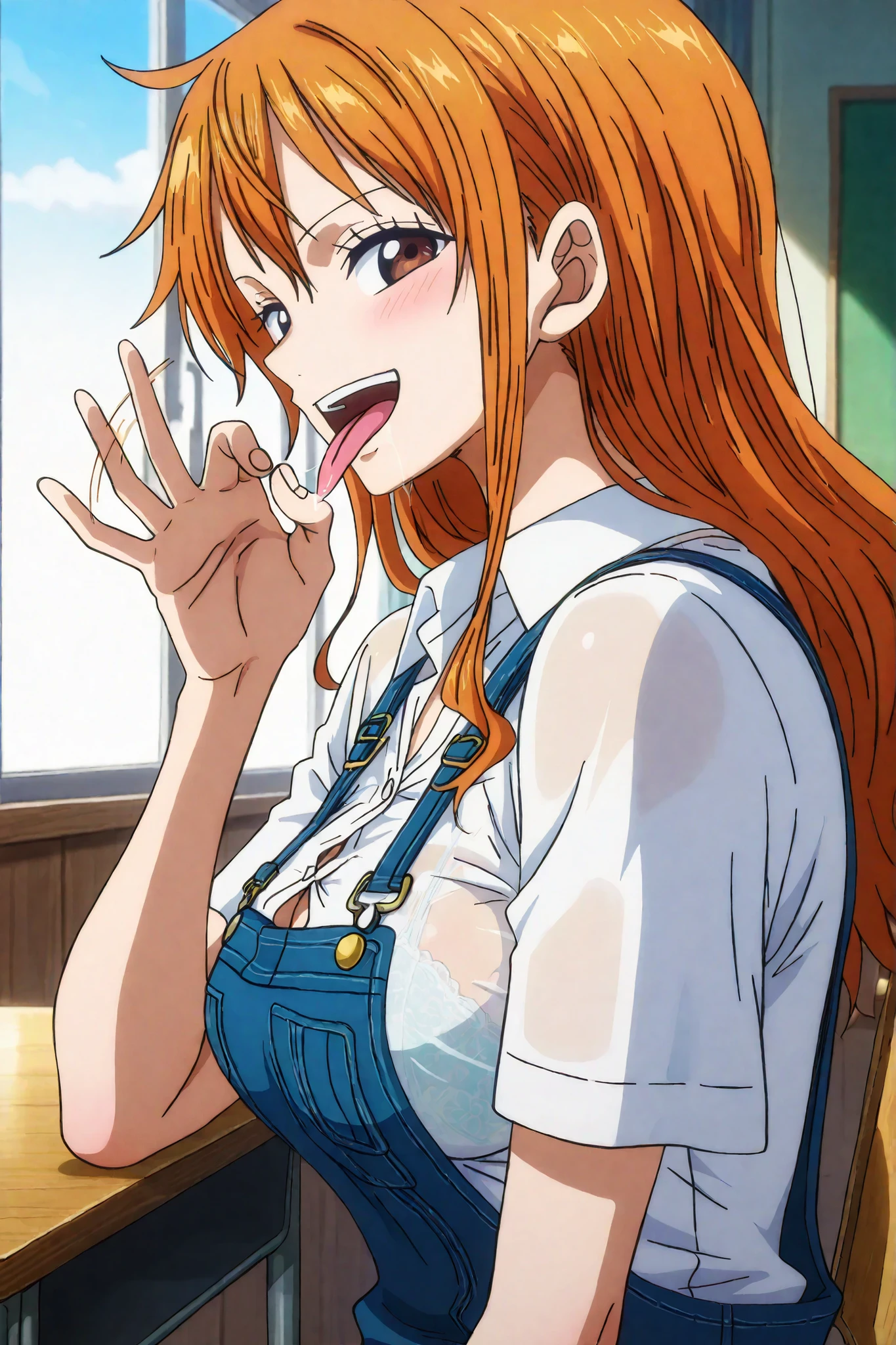 nami, orange hair, long hair, anime screenshot,
rating_explicit,
 1 girl, teenage girl,{{fellatio gesture }},shake motion,school uniform,button gap,lace bra visible through clothes,,slender,medium breasts,smile,open mouth,stick tongue out,sexually flirtatious glance,looking at viewer,saliva trail, {from side},portrait,sitting chair,class room,window,sky,perfect anatomy,nsfw,masterpiece,best quality,official style, depth of field, highly detailed, ultra-detailed,super illustration,very aesthetic, intricate, overall detail,Amazing,