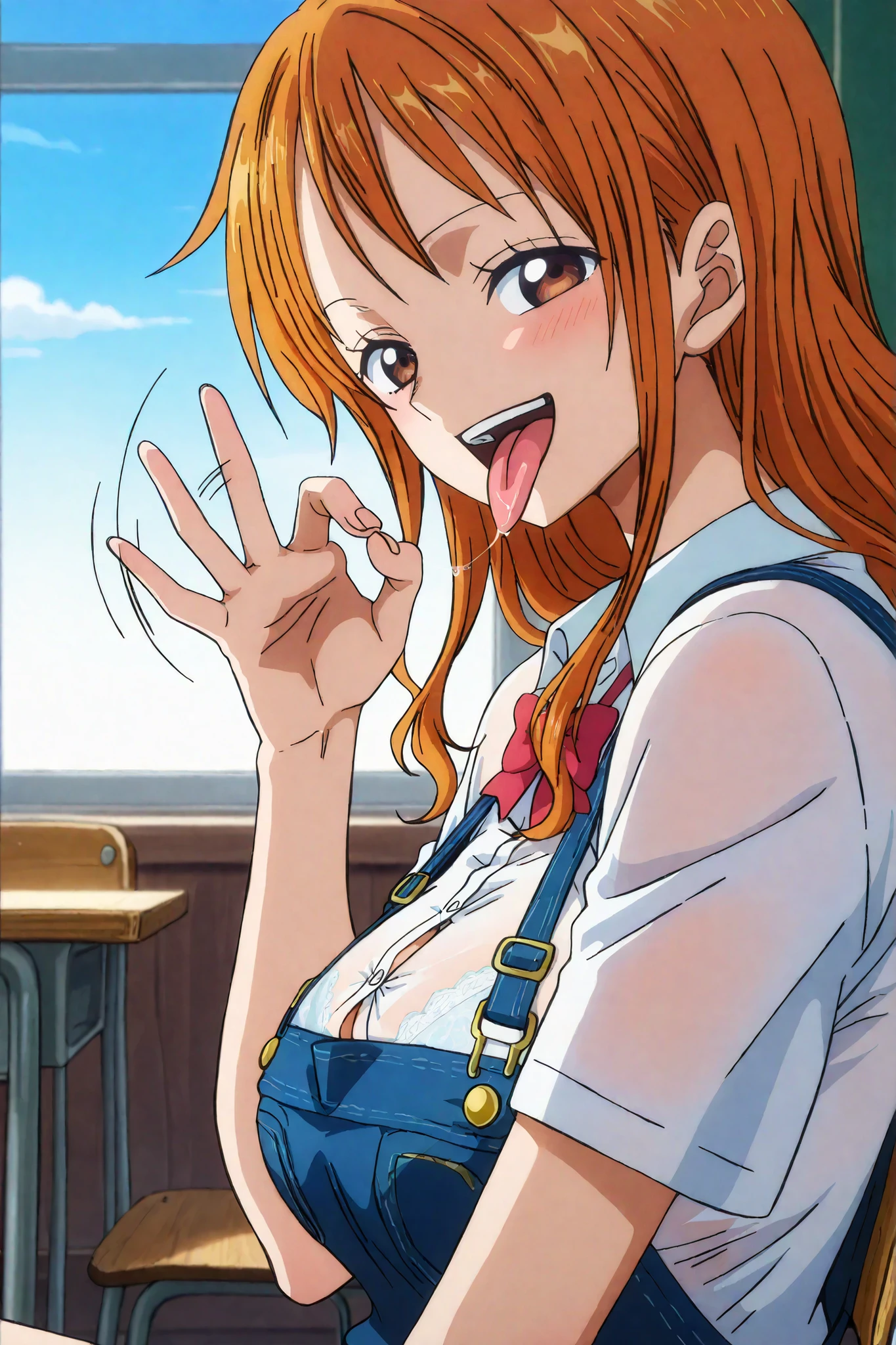 nami, orange hair, long hair, anime screenshot,
rating_explicit,
1 girl, teenage girl,{{fellatio gesture }},shake motion,school uniform,button gap,lace bra visible through clothes,,slender,medium breasts,smile,open mouth,stick tongue out,sexually flirtatious glance,looking at viewer,saliva trail, {from side},portrait,sitting chair,class room,window,sky,perfect anatomy,nsfw,masterpiece,best quality,official style, depth of field, highly detailed, ultra-detailed,super illustration,very aesthetic, intricate, overall detail,Amazing,