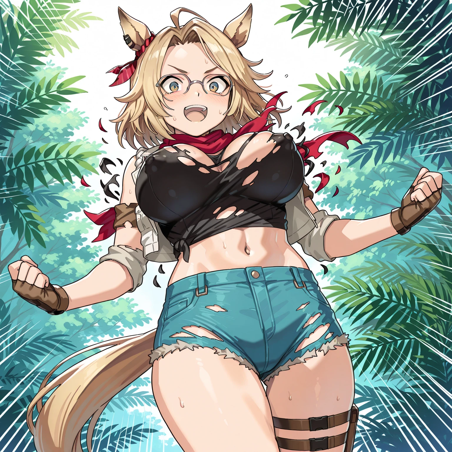 master peice,hyper quality, hyper-detail,Perfect drawing,Hi-Res、独奏、a beautifulchi girl、bbw、Pig nose pattern bikini、Boar ears、Boar's tail、Boar palm、Boar paws、Boar's fingers、sharp claws、Boar Fang、Hunter's eyes aiming for prey、Black and blonde mesh、Sharp eyes、Height 177cm、MeasurementsB95W60H90、Kneeling、pow pause、jungle、beatiful backgrounds、Accurate drawing、Detailed drawing、