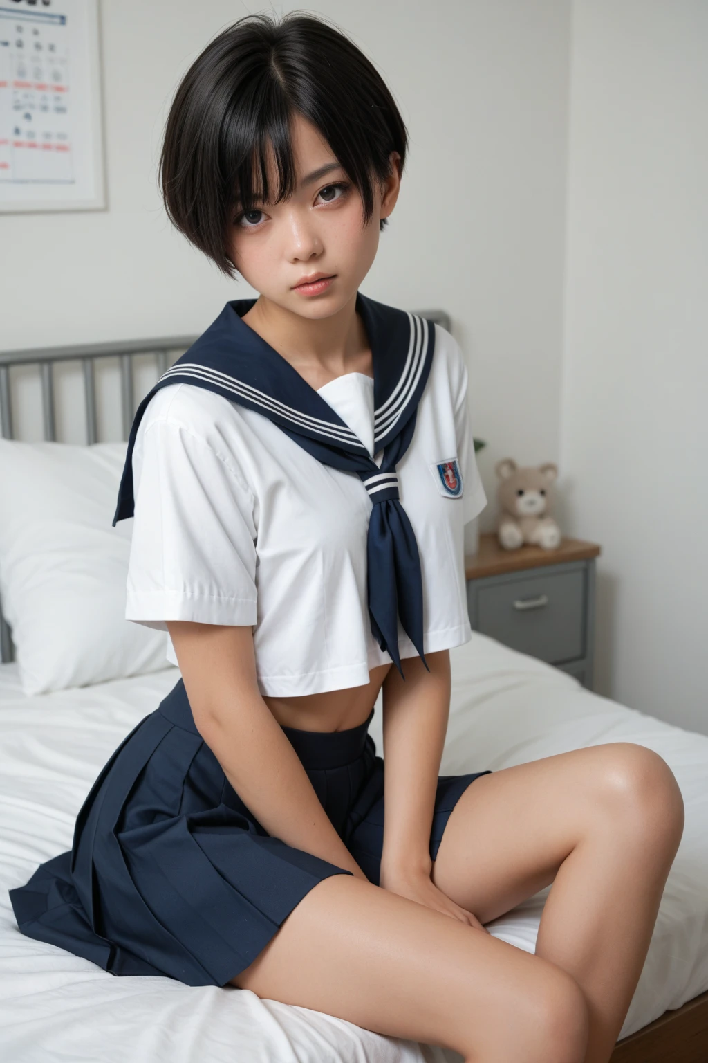 High resolution、High level image quality、In 8K、real live action、生picturegraphy、highest quality、masterpiece、超High resolution、生picture、Len、beautiful feces、table top、((Obscene content))、For adults、charm of 、absurd、((((Japanese elementary school student))))、japanese girl、((12 years old))、((With a round face))、((Tanuki Face))、((cute little face))、(((((embarrassed look)))))、white skin、((Crisp body shape))、Physical examination of adolescents、、knees、 thighs thighs thighs、Shorten the torso（anatomically correct)、solo、whole body、very nice、(((Len's Clothing:1.0) ))、 ((Pussy))、(Mansuji)、((panties with less white fabric))、Are sleeping、（Photoreal：1.37）、photon mapping、realistic、radio city、物理ベースのLenダリング、depth of field rally background、picture、(((Japanese junior idol)))、sparkling eyes、glossy lips、too bright natural light、the shining sun、too bright sunlight、(((((8-year-old)))))、(((Pussy)))、(Mansuji)、Len's Clothing,　Len's Clothing、stand、open your legs、please open your legs、alone,short hairstyle、short cut hair、(in the room),alone,(((Elementary school uniform)))、(((No emblem))),(undressing）、show each other、open your legs、please open your legs、alone、alone,short hairstyle、short cut hair、(A room in a western-style hotel)、(on the bed)、((Please pull down your pants and show me))、squat,Wedgie