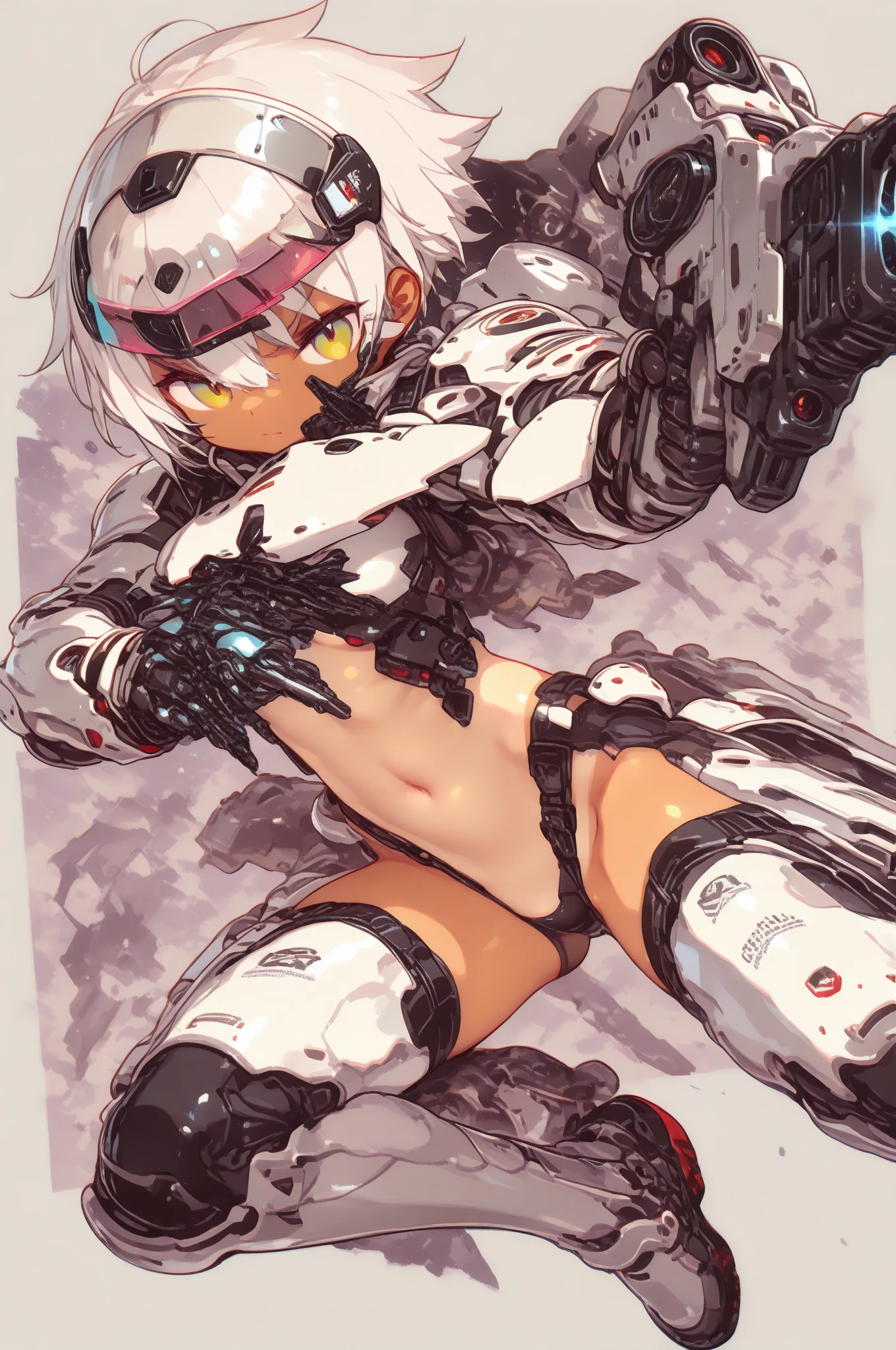 ((highest quality)), ((masterpiece)), (Become familiar with),  ((nsfw)),1 girl, alone, Silver Hair,Red eyes,Long trousers,Red sleeveless,Clothes with a visible back, thin,thin,short hair,Small breasts, Erect nipples, gloves, cyber punk,SF