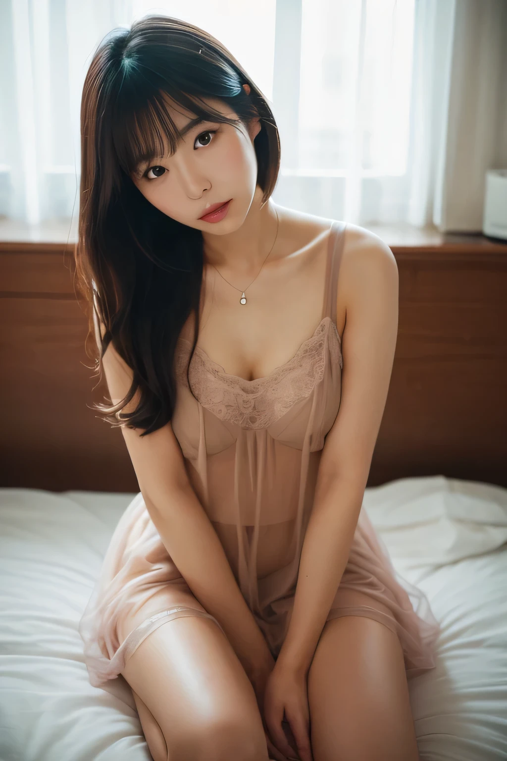 Camera lens，Real-world scenarios，Summer nights，A young beautiful Asian lady wearing long loose pink nightgown，no underwear。Tulle coat，Somewhat transparent，open to reveal collarbone，open，Bare back。ultra short tight boxer briefs，Very tight，camel toe。Larger buttocks，The hips are wide，mellow，thin waist，Somewhat plump，Realistic skin texture，In the study，Sitting in a chair at the desk and reading a book，camel toe。There are many books behind it，The background light  very dark，strong projection，There  a small lamp on the table，blur background，Front view mainly，dynamic poses，Ray tracing，Best results，high resolution，masterpiece