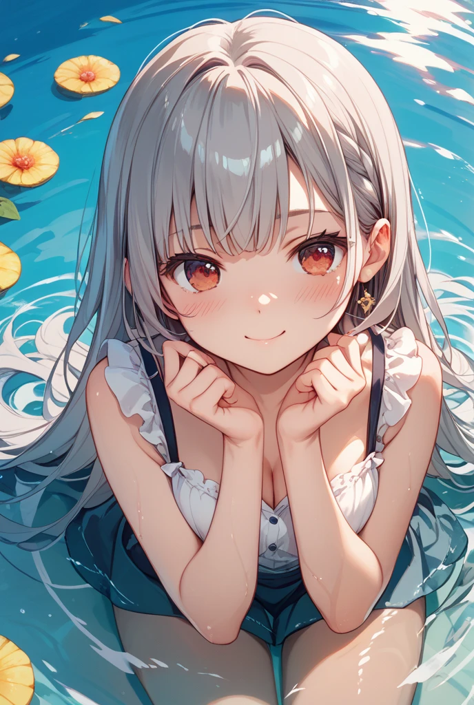 1 girl ,earrings,Goldfish ,precious stones ,sash,underwater ,Goldfish,White flower ,Akame,Behold ,get up, gray hair,clavicle,length、generally、Kamimei、looking at the viewer、white dress、Red Heavenly Woman's Robe、cleavage、close up of smiling face、beautiful eyes