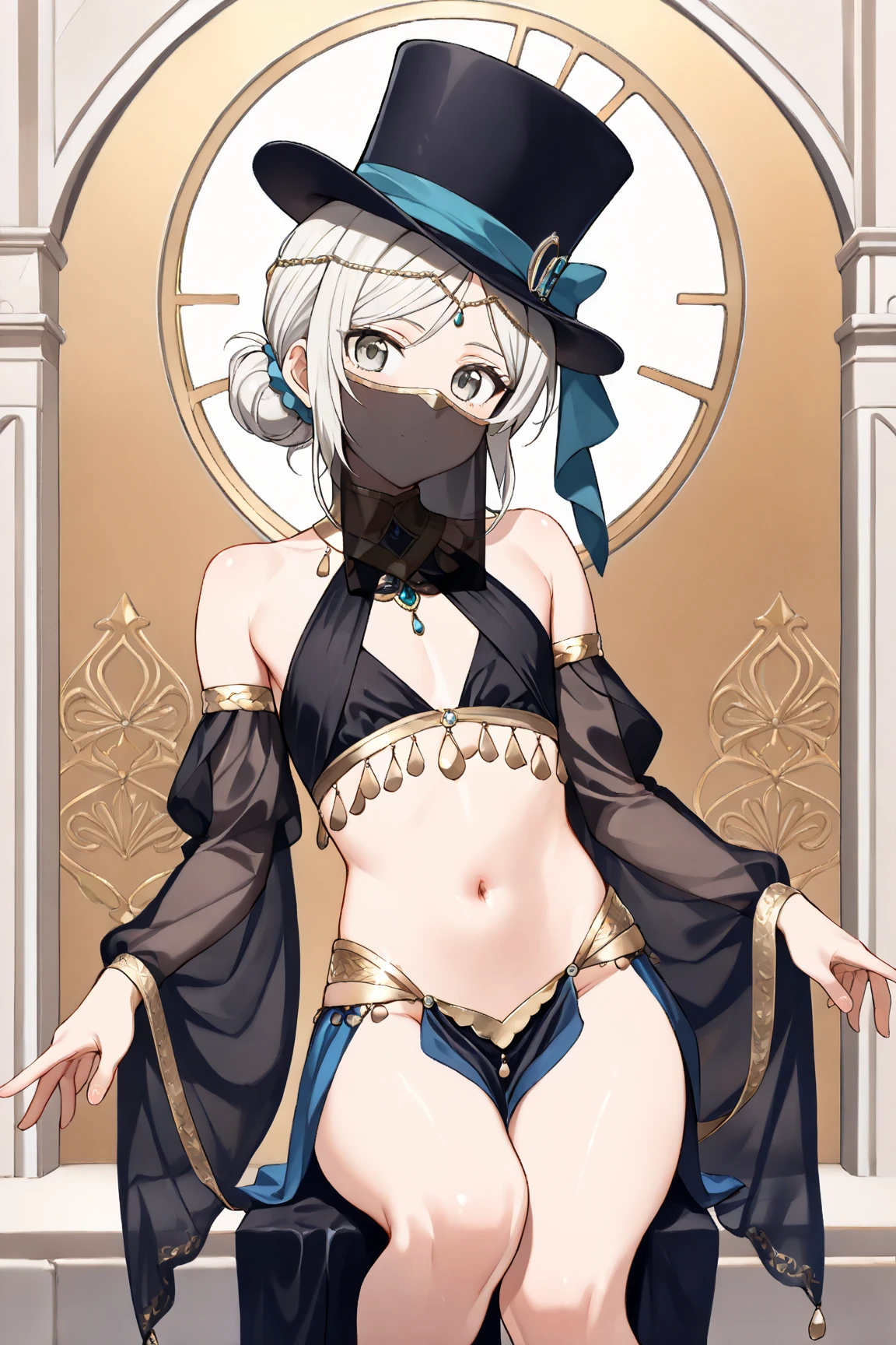 (masterpiece), (High resolution), (super delicate),,(Horror elements), Glitter bikini,Cute Core Clown、Skull Accessories、((Alphonse Mucha 1.5))gray hair、