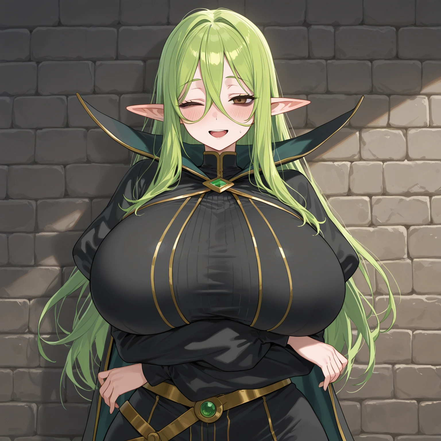 chest, Big chest, Gauze, Light blush, nurse,Thighs,whole body green hair, ナースボブヘア,