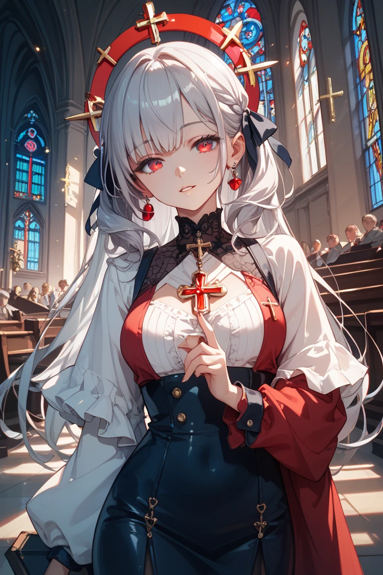((Biologically correct limb count))、(( Full-body photo including face))、4K、((Standing position))、masterpiece、((Focus on the face))、((Symmetrical facial features))、Eye for detailed depiction、Beautiful blue-haired woman、Excellent style、Beautiful clavicle、Beautiful feet、Beautiful Hands、Slender body、(Patent leather blazer、skirt、Colored Stockings、garter belt、High heels)、Facial detailing、Small earrings、necklace、tie、Scenery inside the chapel、((A ray of light pours down))、(Low - Angle、下からskirtの中を撮影するカメラアングル)、Black Hair、Silver Hair、((Embarrassed face)))、((Face forward and stick your chin out))、Close-up photo of the upper body、(Praying before the cross:2)
