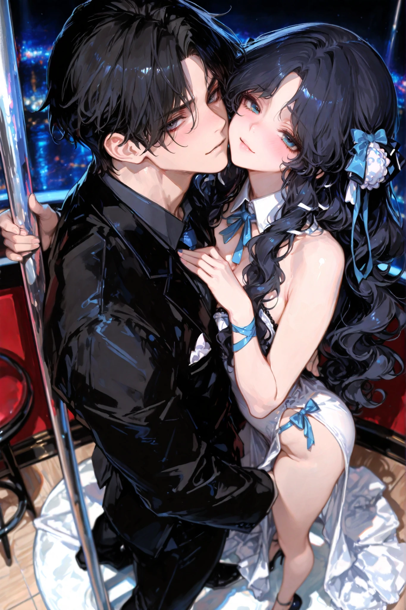 anime artwork, score_9, score_8_up, score_7_up, score_6_up, score_5_up, score_4_up, hu tao, she is 24 years old, style_3, ,,,,,,,,,, bikini, 1boy, zhongli, he grabbing her ass, they are kissing, indoors