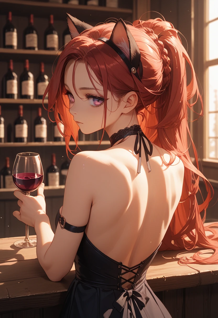 ((masterpiece, best quality:1.2), solo, 1girl, Makima, Chainsawman, red hair, braided ponytail, orange round pupil, ringed eye, looking at viewer, earrings, midriff, official art, extremely detailed CG unity 8k wallpaper, perfect lighting, (masterpiece:1.0),(best_quality:1.0), ultra high res,4K,ultra-detailed, photography, 8K, HDR, highres, absurdres:1.2,, bokeh:1.2, lens flare, (vibrant_color:1.2),(beautiful_face:1.5),(narrow_waist),(perfect hands, perfect anatomy), breasts, wedding dress, wedding dress, gala dinner, holding a glass of wine