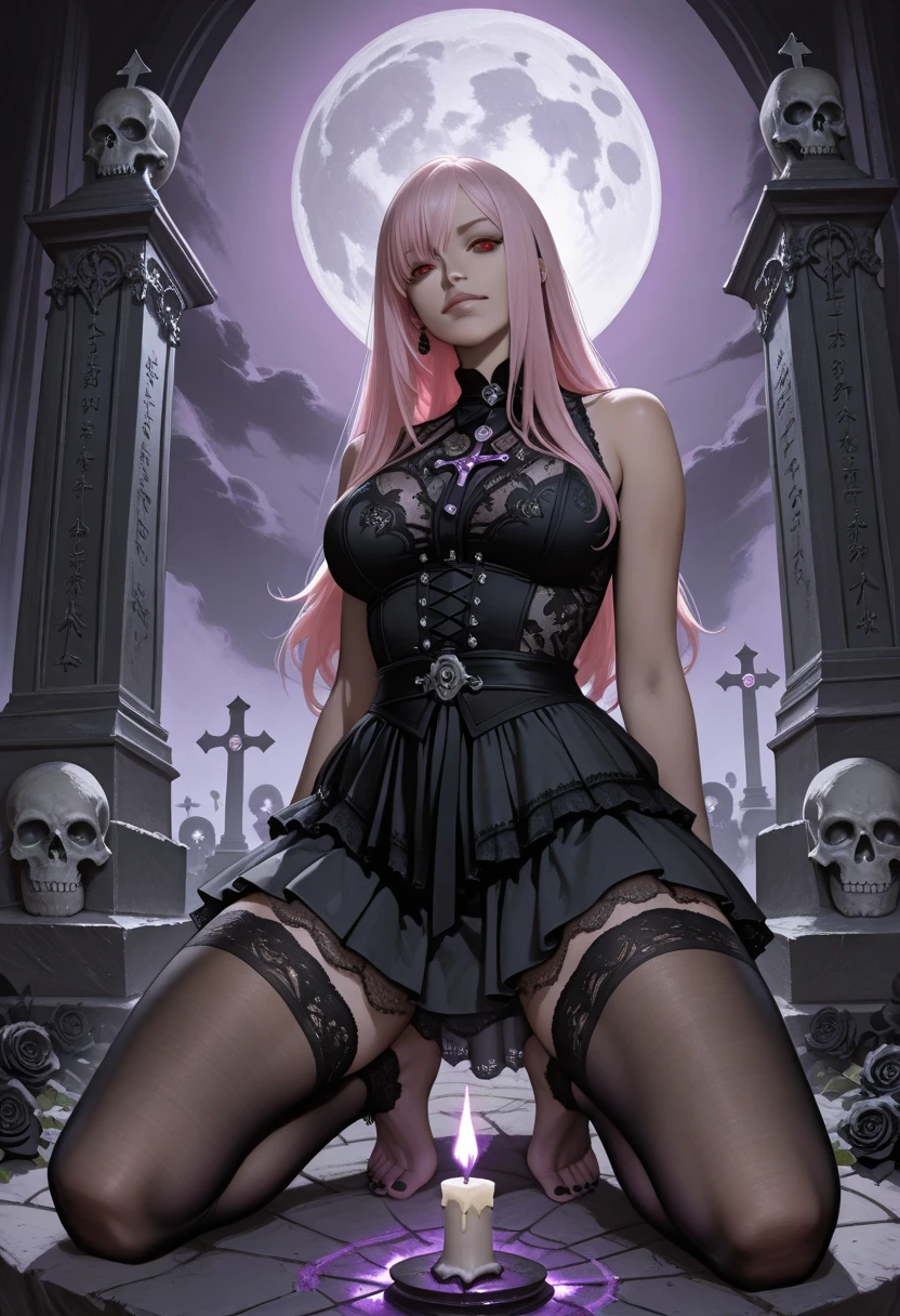 masterpiece, (photorealistic:1.4), best quality, beautiful lighting, 1girl, bangs, inside gothic cathedral, black shirt, black shorts, blue eyes, blunt bangs, breasts, cleavage cutout, clothing cutout, crop top, eyeshadow, fangs, gradient hair, grey hair, hair rings, jacket, light purple hair, looking at viewer, makeup, multicolored hair, navel, smirk smile, red eyeshadow, shirt, shorts , small breasts, solo, stomach, two-tone hair, vampire, (night:1.5), open window, church organ, (stained glass window), (god rays:1.8), kneeling, (candlelight:1.5), (glossy leather jacket:1.4), sitting,