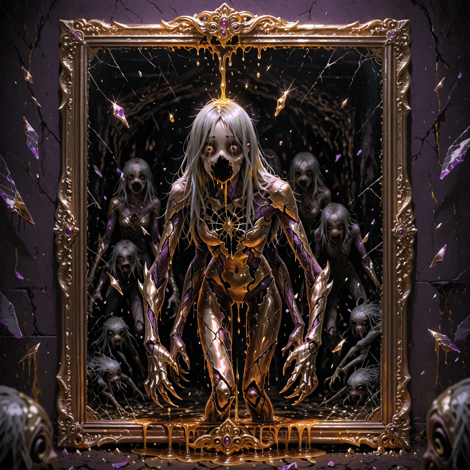 Decomposing woman dressed in ????? latex leotard sitting on a throne, in the center of an empty room, alone, ominous atmosphere, dark ambient, horror movie, cinematic, dramatic lights, ultra detailed, photorealistic, masterpiece.