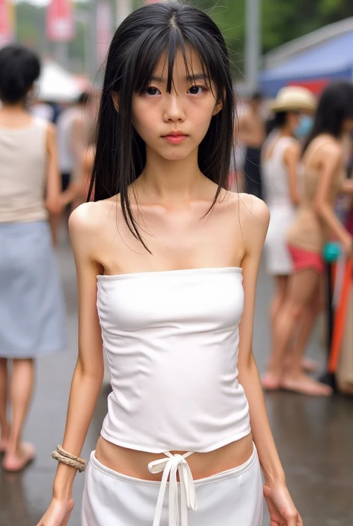 (masterpiece, highest quality:1.4), award-winning portraits, 8K, 85mm, alone, beautiful face, delicate girl, violaces, gardenia, grace, Sophisticated, cute, teen, looking at the viewer, 15 years old, Raw photo, disorganized, HDR, sharp focus, background bokeh、(((flat 、thin and delicate body、A childish atmosphere、basement)))、Her shiny semi-long hair is tied up、swaying hair、Mole on the left cheek、large, round, dark blue eyes、full body、random pose、Junior idol、Nogizaka Idol、mole under eye、sexy、naked