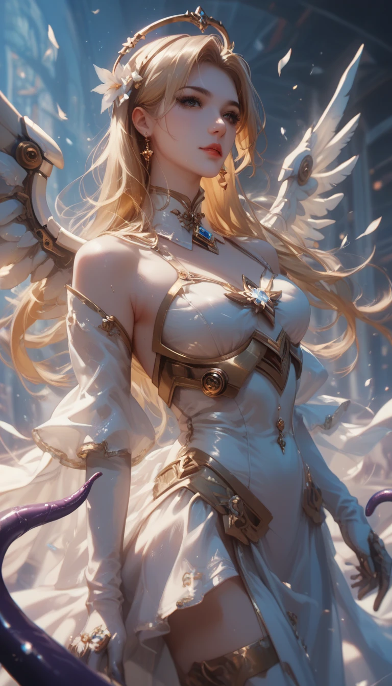 (Extremely detailed CG Unity 8K wallpaper, masterpiece, best quality), (Exquisite light and shadow, Very dramatic picture, Lens Effects), a girl in a white Hero costume, Silver gray hair color, from the Hero parallel universe, Wenger, Miracle, Hero, Sitting on the sofa, Dynamic poses), (Excellent details, Excellent lighting, Wide Angle), (Excellent rendering, Enough to stand out among similar products), focus on white Hero costumes, Complex texture