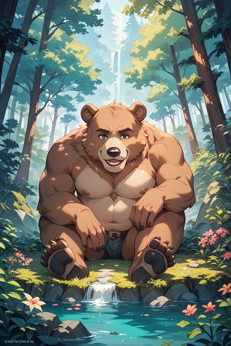Muscular, sweaty, chubby anthropomorphic bear sitting on the floor, cross-legged, with one leg up, showing a detailed close-up of the foot in a wet white sport sock in the foreground. The bulldog has its arms raised, smiling, and looking relaxed. The scene focuses on the close-up details: armpits, sweaty wet white socks, wet fur, and drops of sweat. The setting is photorealistic, emphasizing masculinity and wilderness. The lighting is semi-darkness with soft light, highlighting the detailed fur and the texture of the sweat. The background and environment convey a sense of natural ruggedness, enhancing the overall mood of raw strength and relaxation.