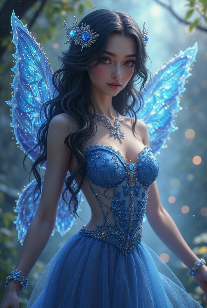 a lovely woman, fairy princess, chromatic wings, sheer dress, ornate flower themed jewelry, mythic glade, pure, innocent, sultry, mesmerizing, (best quality,4k,8k,highres,masterpiece:1.2),ultra-detailed,(realistic,photorealistic,photo-realistic:1.37),cinematic lighting, dramatic colors, fantasy art, cinematic composition, dramatic lighting, ethereal, magical realism