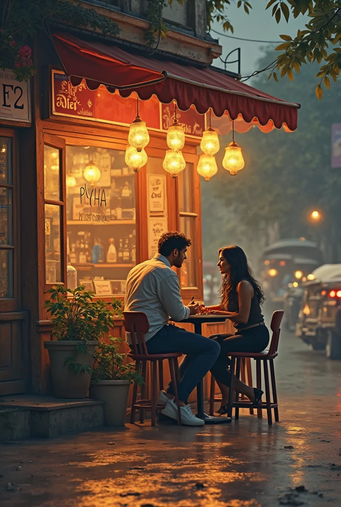 HD image in watercolor, oil painting, and modern pulp art mixed style, depicting an Indian husband and wife on a coffee date, sitting on a balcony at night in an urban city. They are looking at each other, smiling warmly, with an atmosphere of romance. The background features light-colored, plain hues that subtly contrast the night scene. The couple is in casual attire, and the scene highlights their love and connection under the city lights.