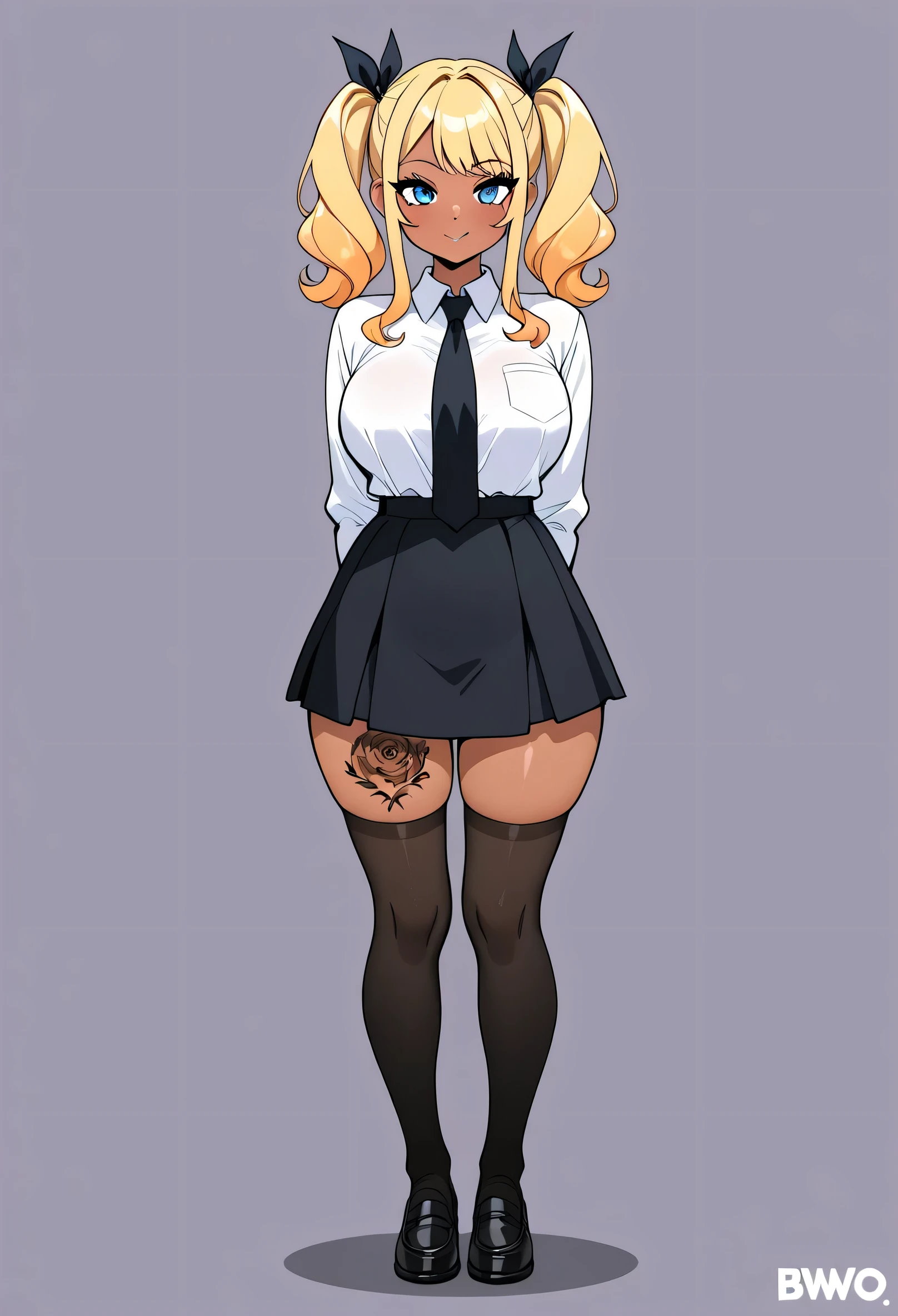 Student, bimbo, blonde, blue eyes, pigtails, dark tan. Attending BLACKED university. Showing off her BBC tattoos to other girls at school. "BNWO" Tattoos.