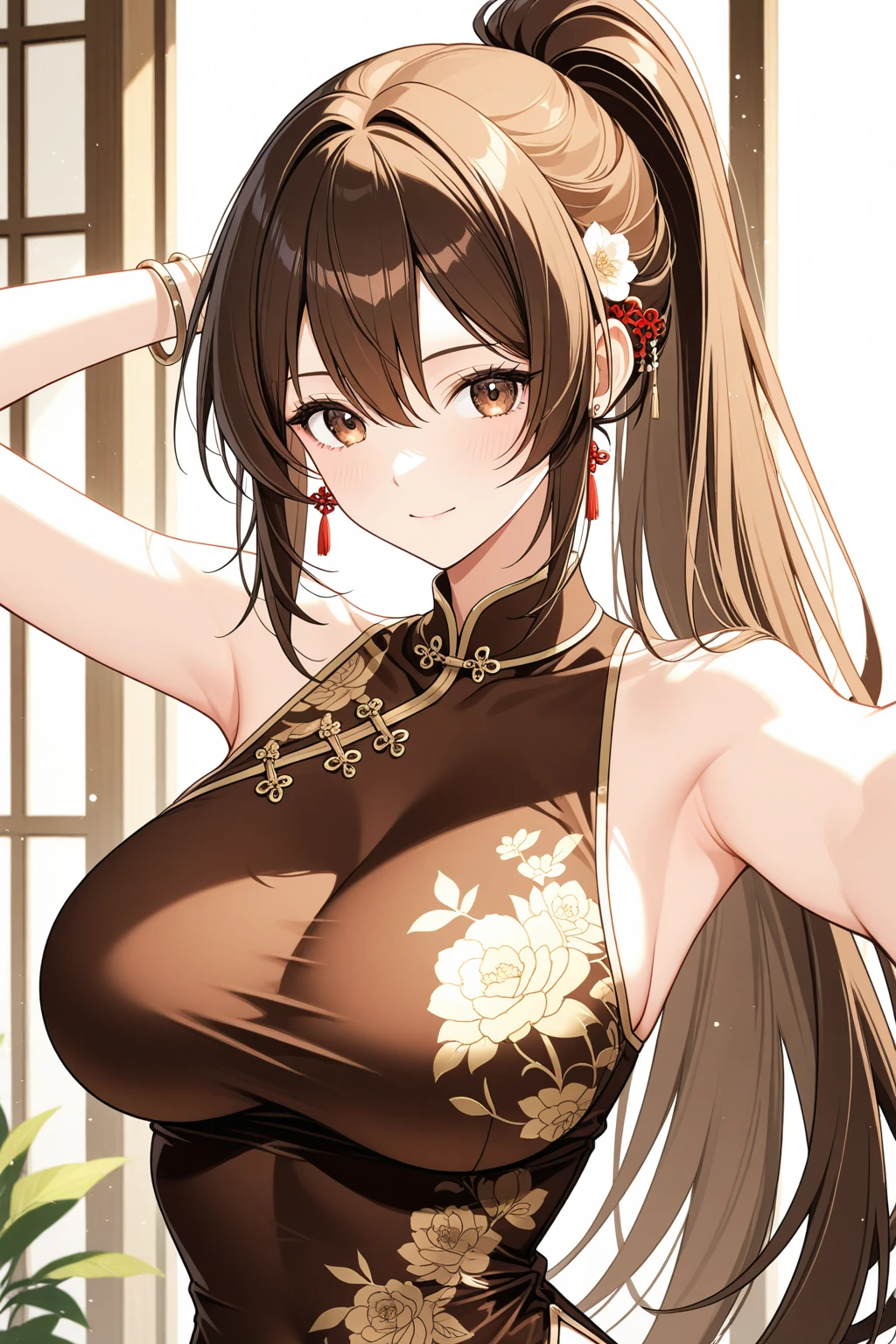 slender, mature female,blurry_foreground, blurry, depth_of_field, rating:safe, breasts, brown_hair, pov, looking_at_viewer, blurry_background, brown_eyes, ponytail, cleavage, long_hair, 1girl, dress, motion_blur, bangs, blush, jewelry, sleeveless, bare_shoulders, large_breasts, medium_breasts, lips, scrunchie, smile, sidelocks, solo_focus, hair_ornament, solo, red_dress, swept_bangs, sitting, closed_mouth, pov_hands, earrings, sleeveless_dress, chinese_clothes, indoors