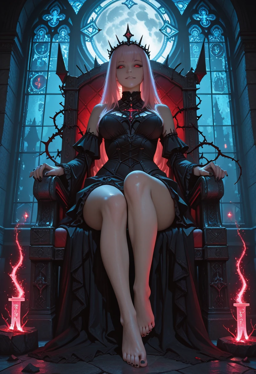 1girl, (solo), elf, long asymmetrical hair, white hair, long pointed ears, purple eyes, serious, blushing, (medium breasts), dark skin, (knight), chainmail, plate armor, sitting on throne, medevial castle behind, medieval castle town, (days), (very sexy body, detailed face, detailed eyes, masterpiece, highly detailed, 8k, best quality, vibrant colors, digital art, concept art)