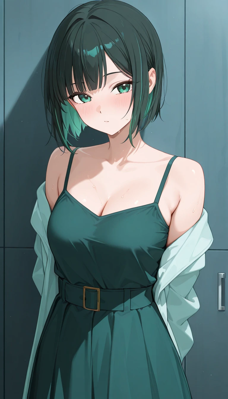 Girl with short green hair, Medium chest, Green eyes, wearing black casual clothes、Beautie、Mature、(tits out)