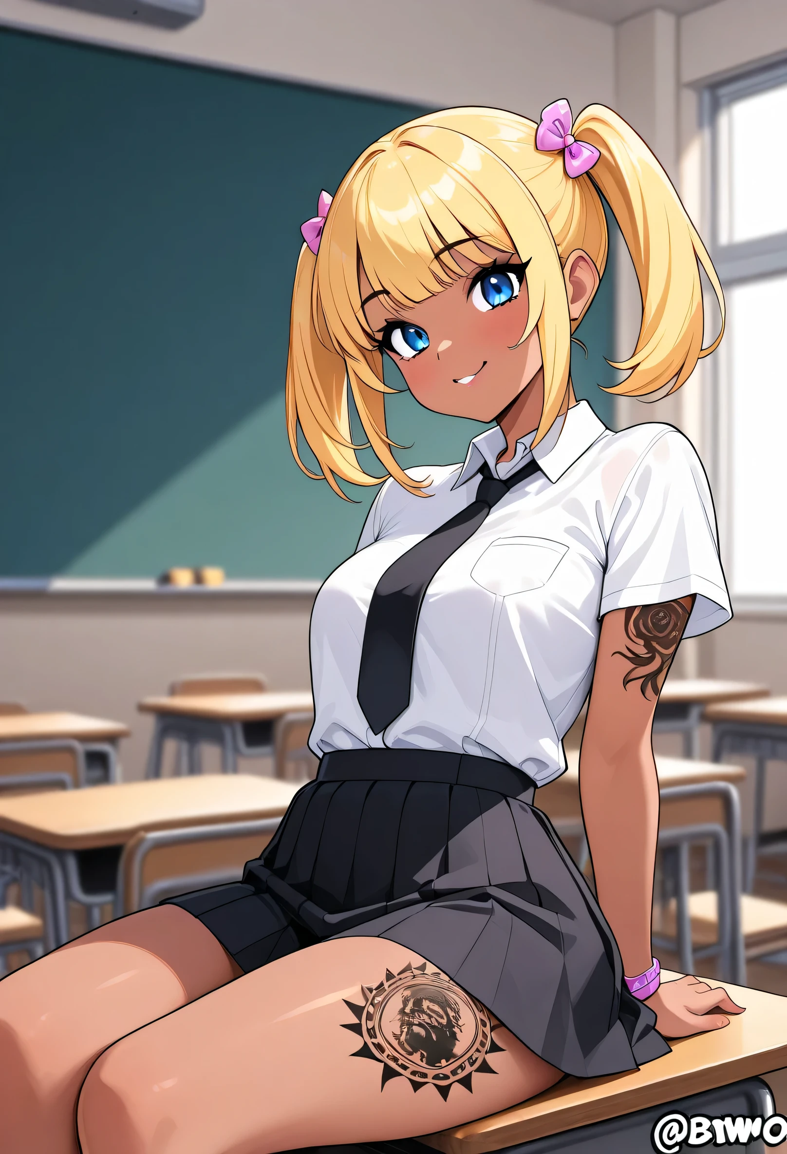 Student, bimbo, blonde, blue eyes, pigtails, dark tan. Attending BLACKED university. Showing off her BBC tattoos to a group of other girls at school in a classroom. "BNWO" Tattoos.