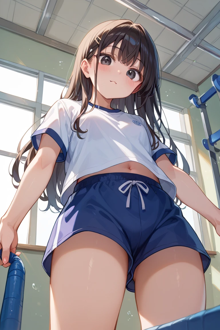 (((1girl))), ((best quality)), ((masterpiece)), ((ultra-detailed)), (illustration), (detailed light), (an extremely delicate and beautiful), (beautiful detailed eyes), (sunlight), ((extremely light)),
((((white and black gym uniform)))),
school girl,
wavy long, (((dark brown hair))), (((long hair))),
(((deep orange eyes))),
((whole body)), aged 14 to 17,
diamond, beautiful, ((extra elegant)), (((condescending expression))), (sexually mischievous smile), (((extra adorable))), (((extra slender shape))),
sitting on her knee in the school gym, from below,
(((extraordinarily thin thighs)))